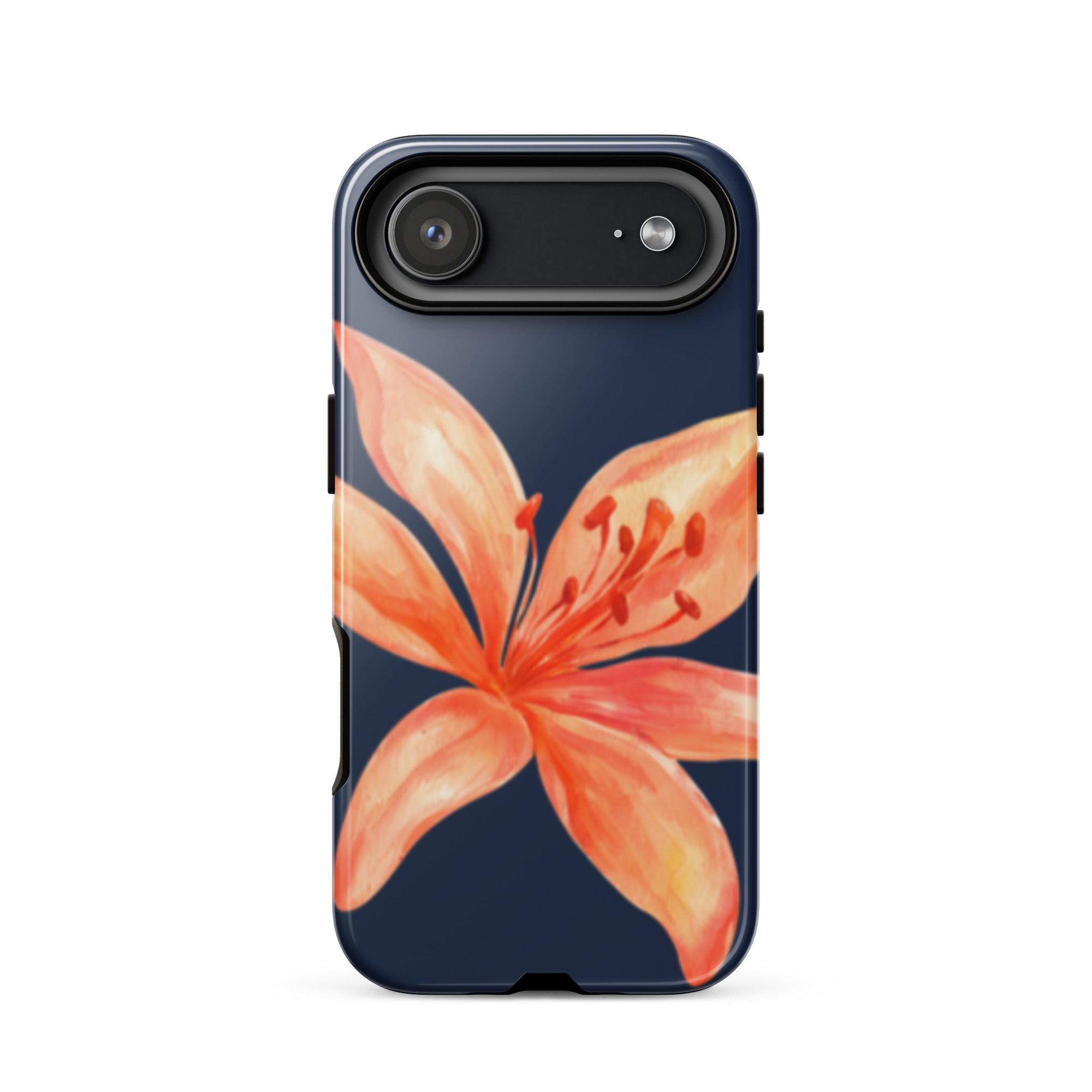 Coral Tiger Lily iPhone Case - Y2K Floral Navy With Glossy Or Matte showing large coral flower on navy background phone case