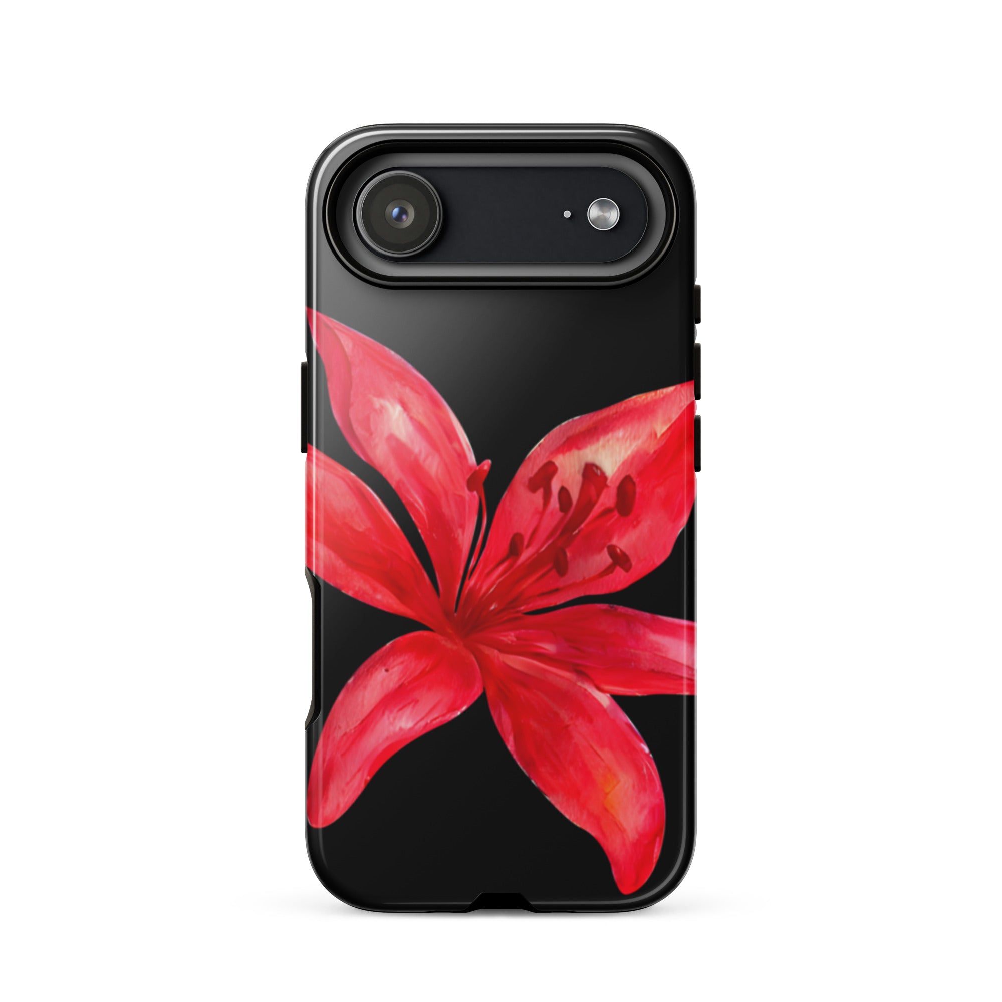 Red Tiger Lily IPhone Case - Y2K Floral Black Phone Case With Dual Layer Protection In Glossy Or Matte Finish featuring a vibrant red lily design