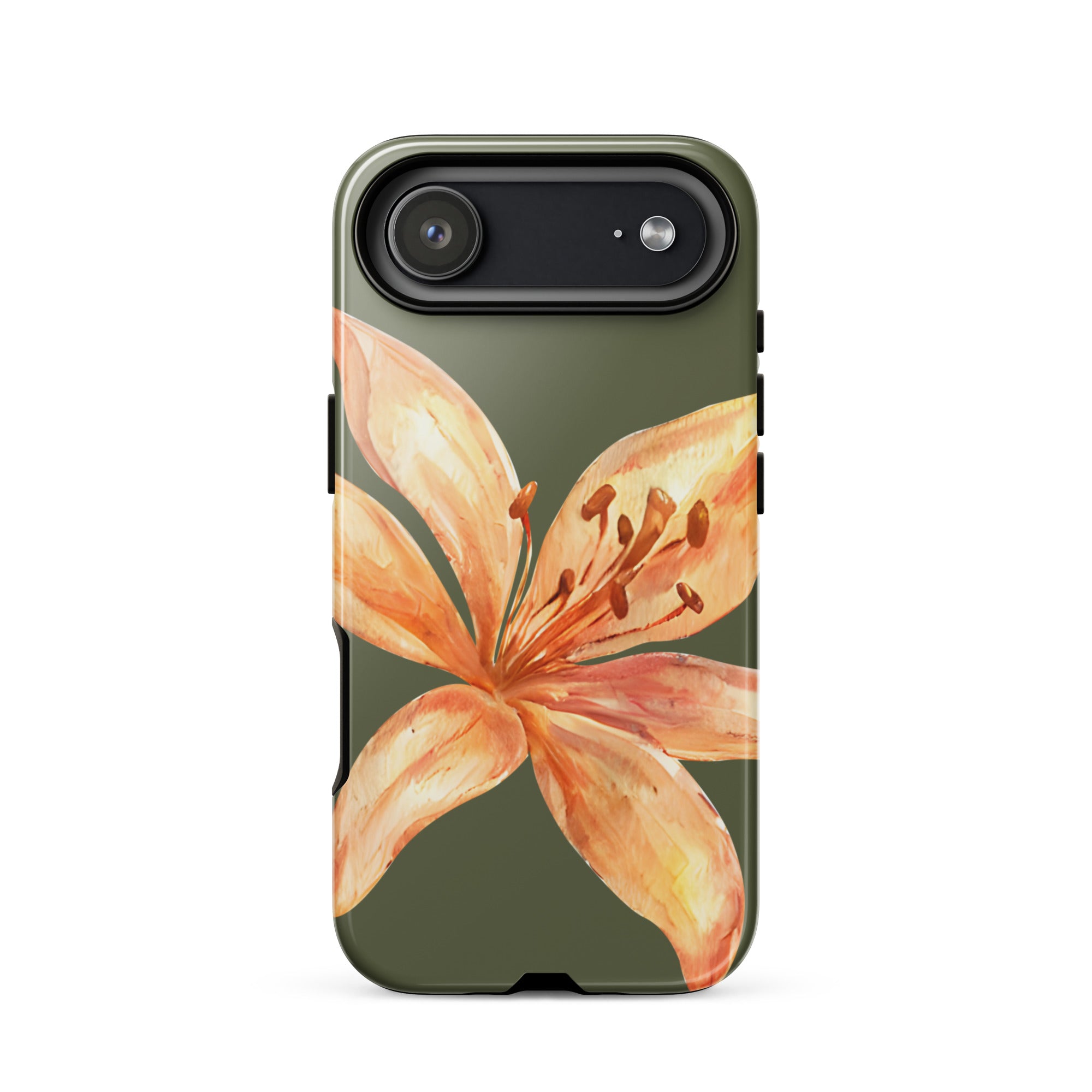 Tiger Lily IPhone Case - Botanical Art Floral y2k preppy Phone cover with orange lily on olive green background