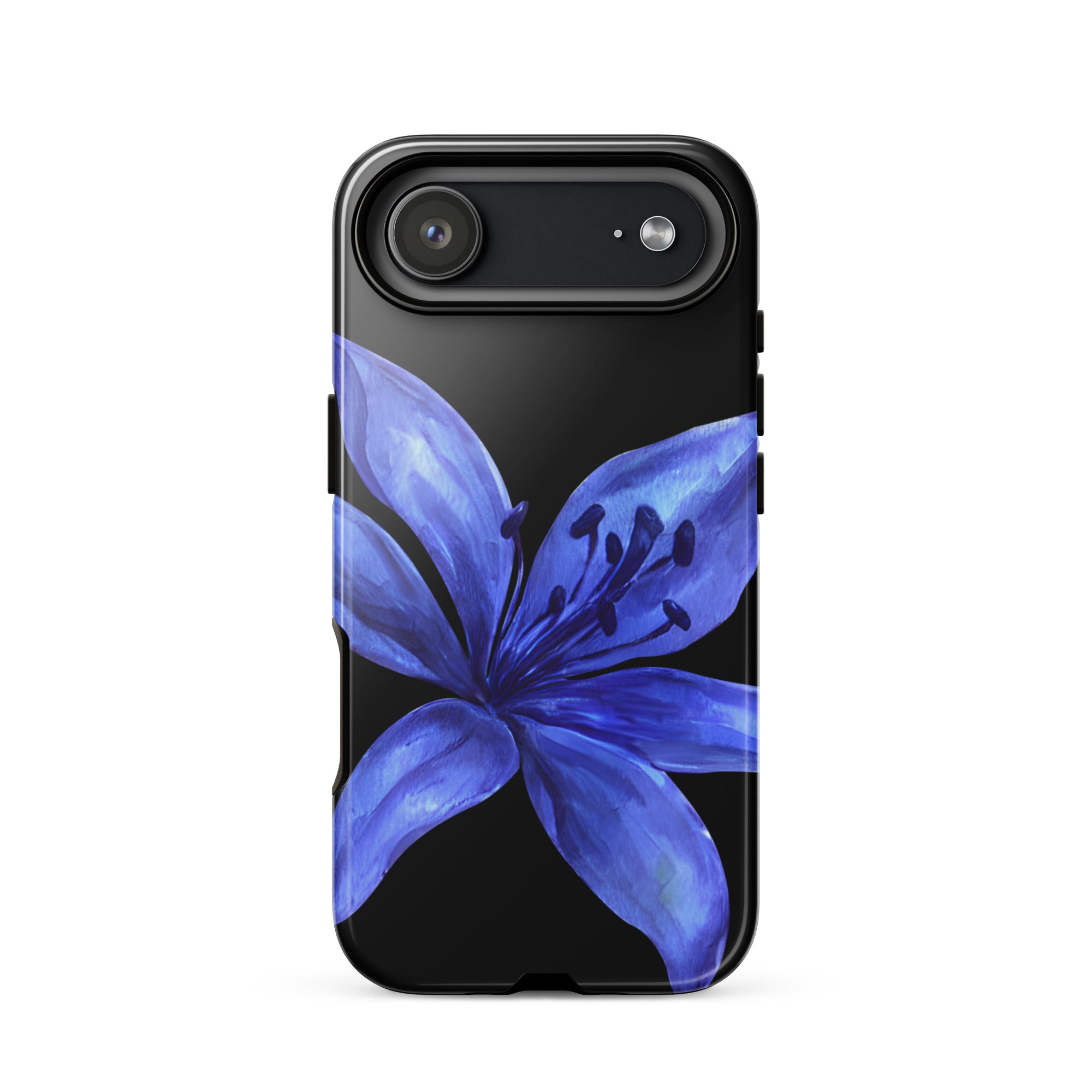 Blue tiger lily design on black dual-layer iPhone case with polycarbonate outer shell and TPU interior.