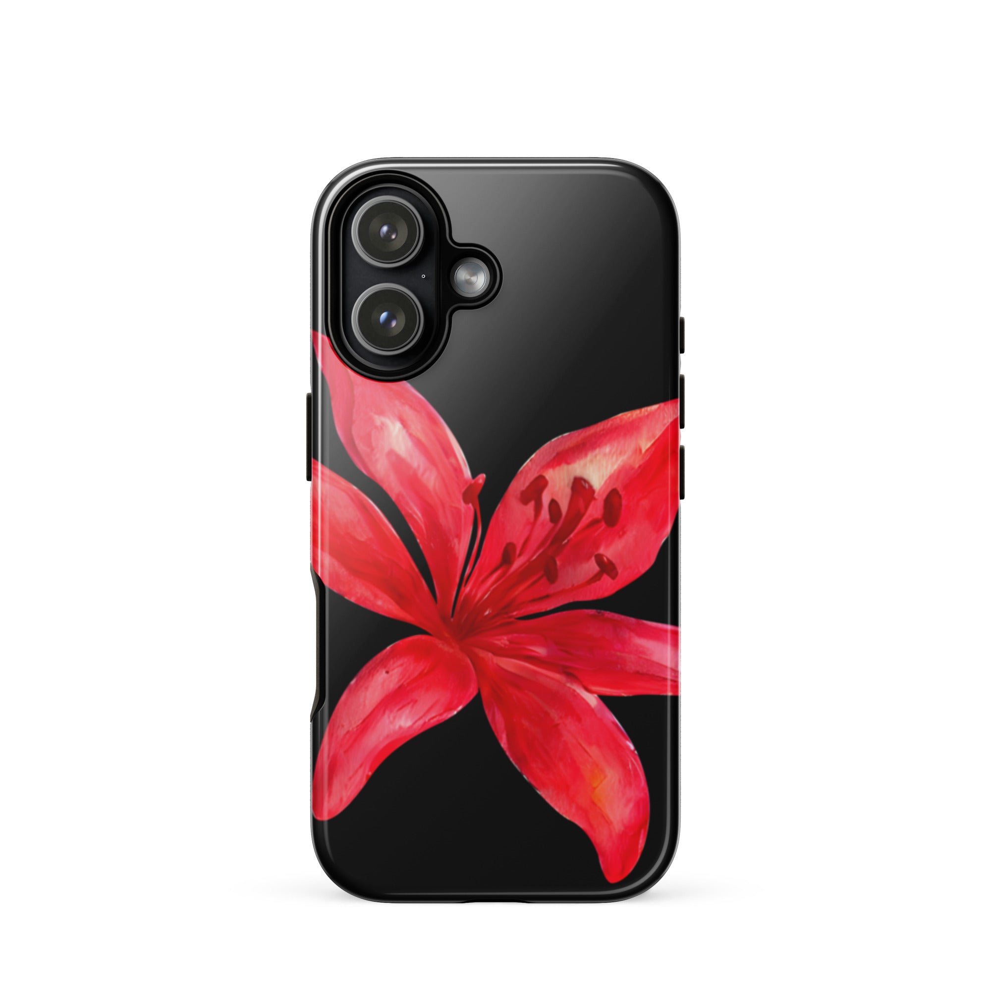 Red Tiger Lily IPhone Case - Y2K Floral Black Phone Case With Dual Layer Protection In Glossy Or Matte Finish showcasing vibrant red flower design
