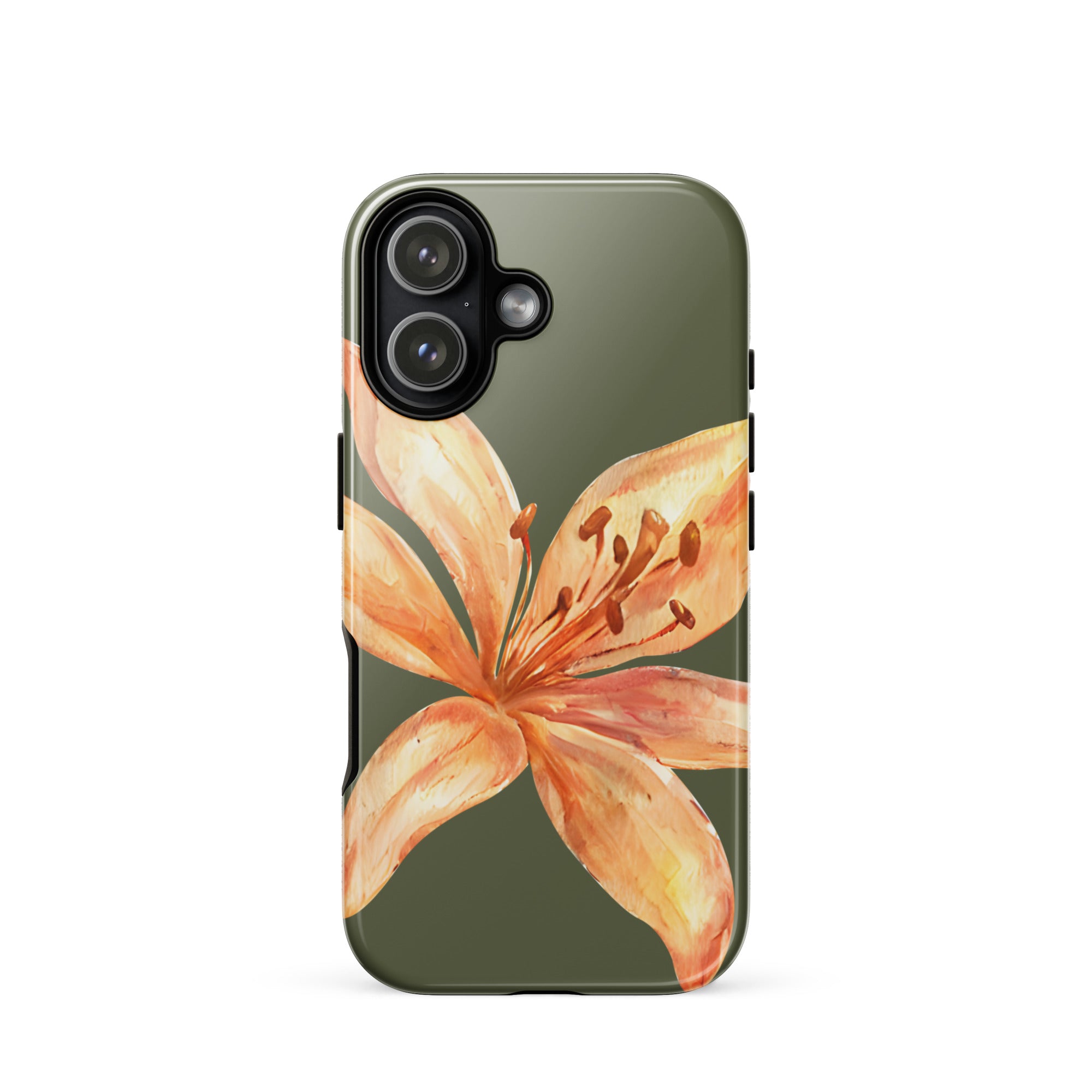 Tiger Lily IPhone Case - Botanical Art Floral y2k preppy Phone cover with orange flower design on olive background