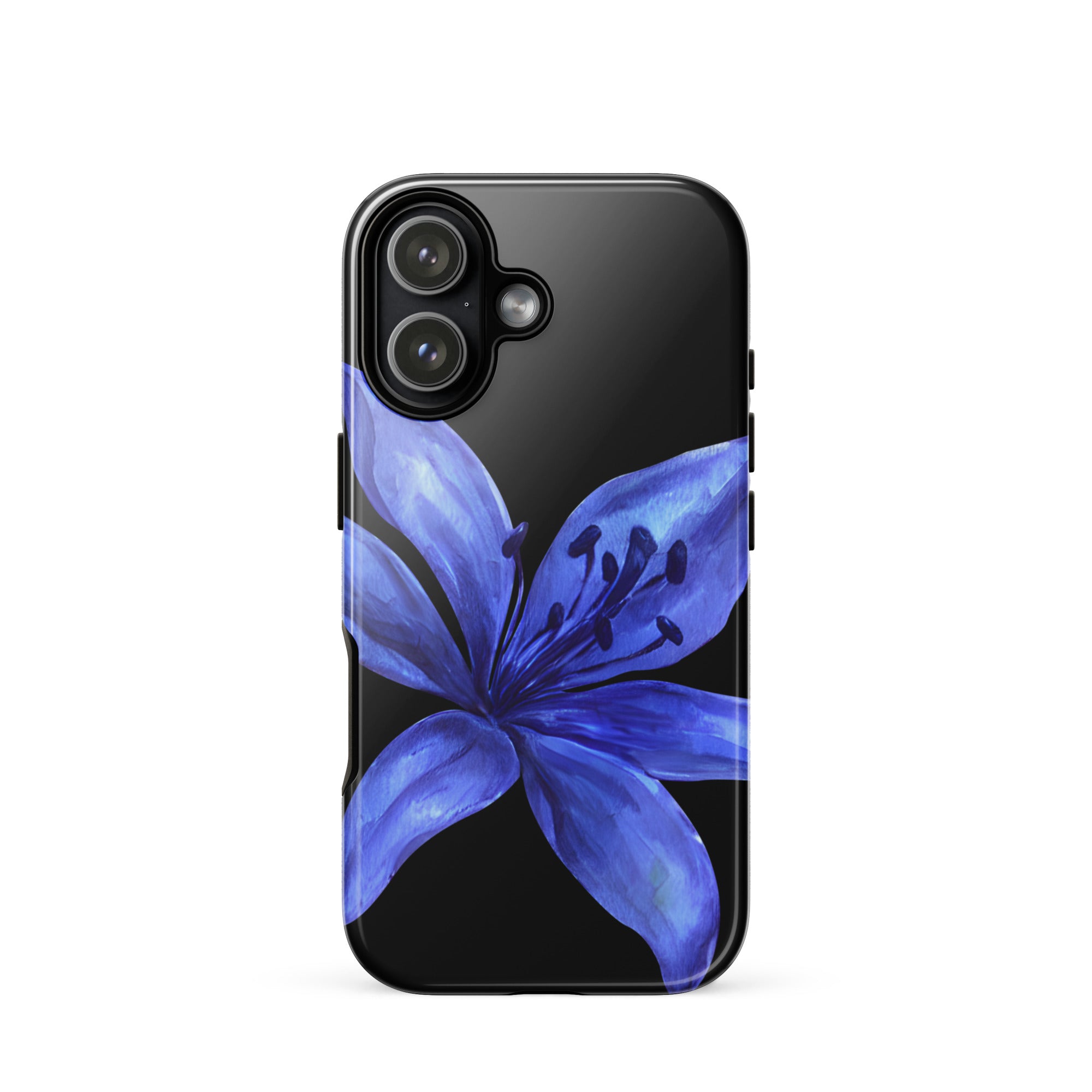 Blue and black tiger lily iPhone case with blue lily on black background and dual-layer polycarbonate/TPU protection