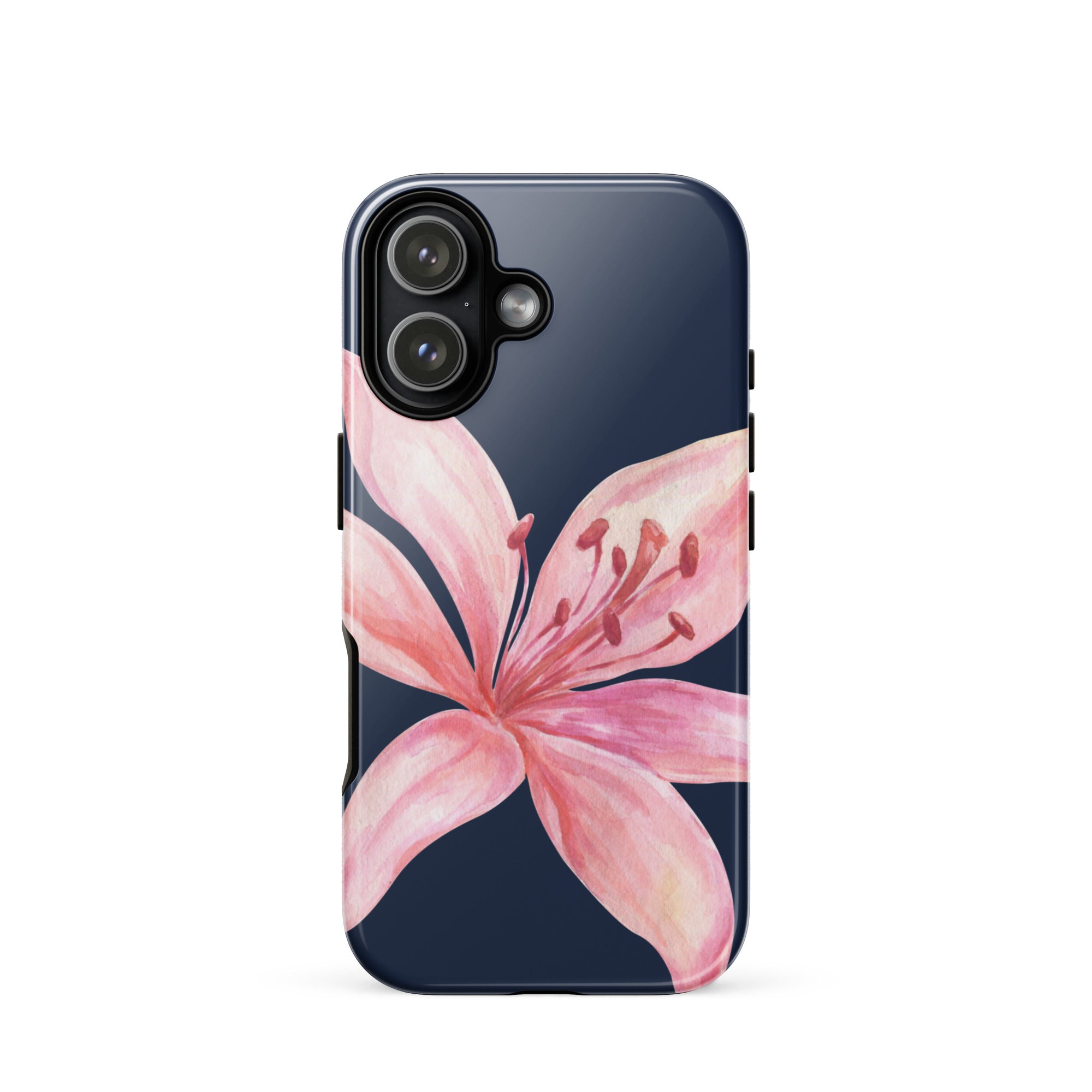 Blue navy iPhone case with a large pink tiger lily floral design.