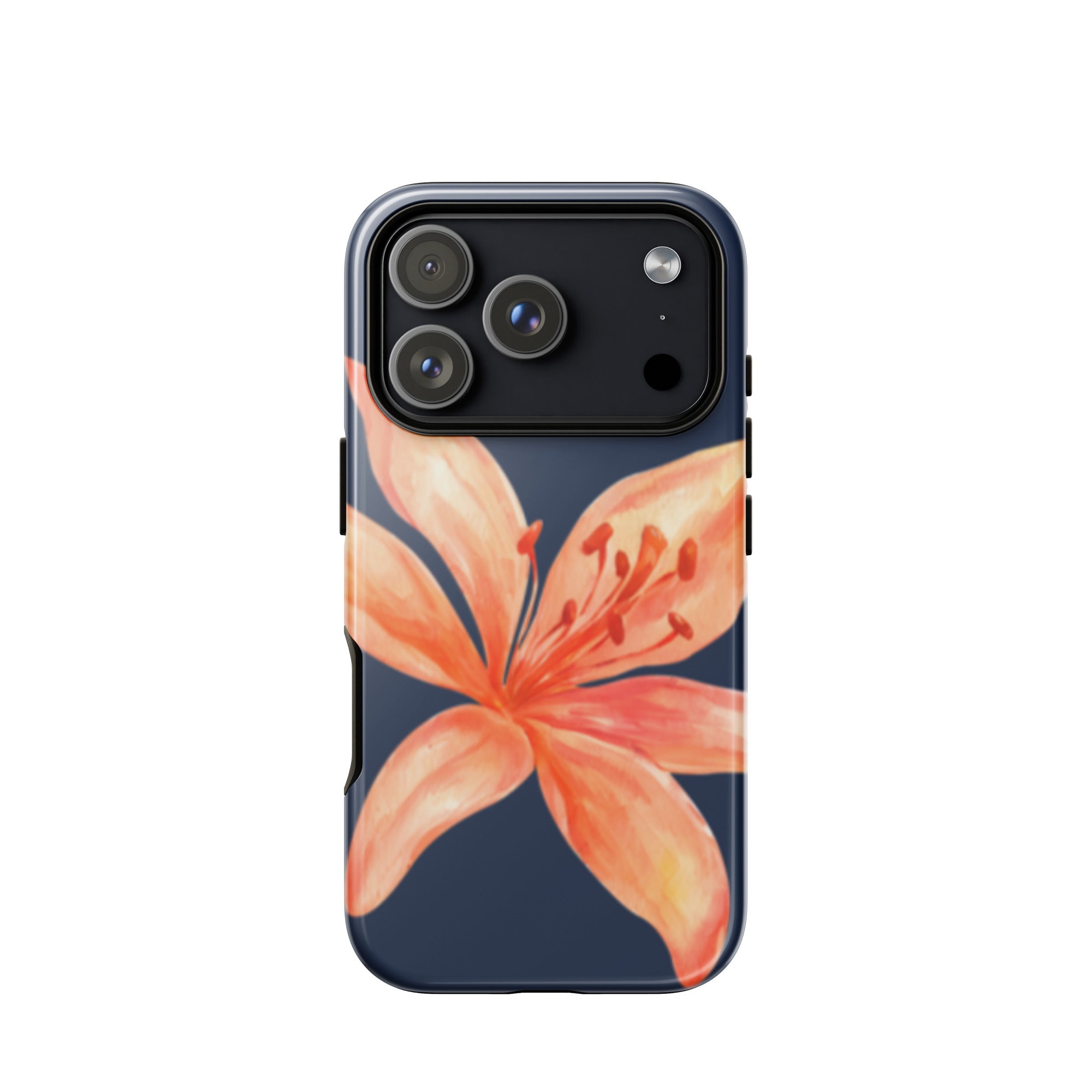 Coral Tiger Lily iPhone Case - Y2K Floral Navy With Glossy Or Matte featuring a large coral flower design on navy background