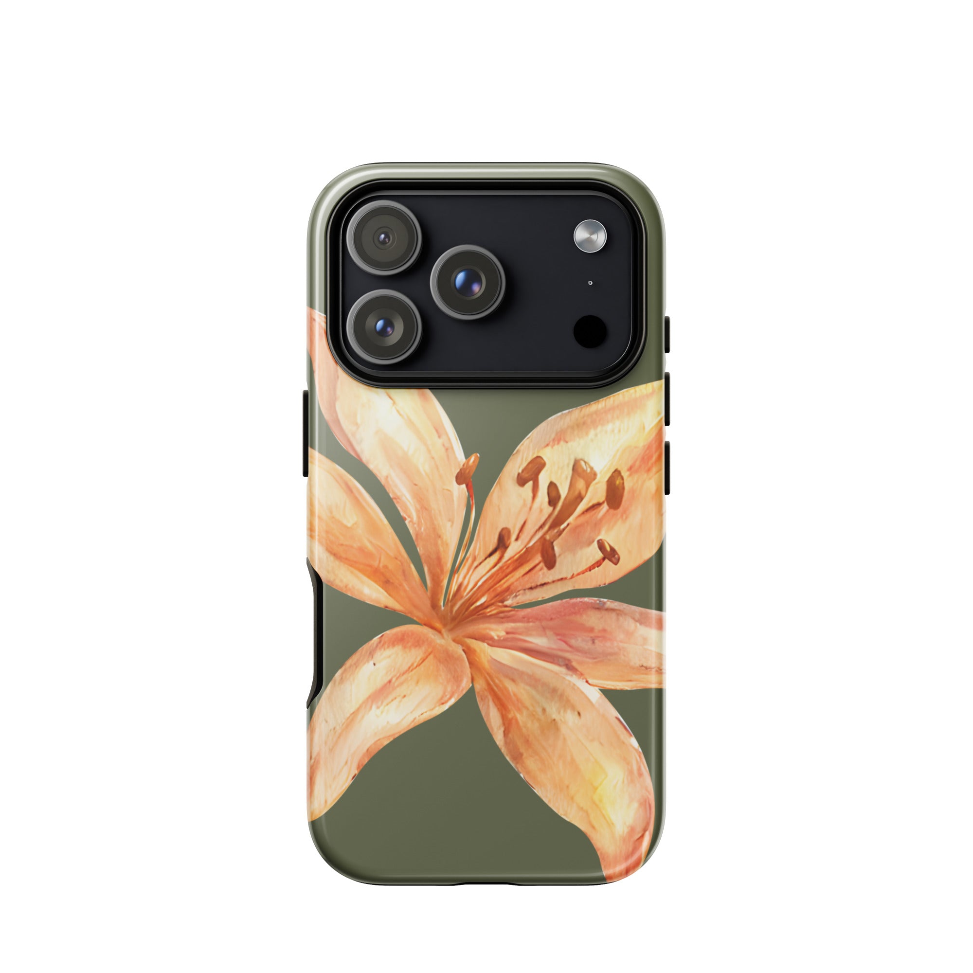 Tiger Lily IPhone Case - Botanical Art Floral y2k preppy Phone cover with large orange lily design on green background