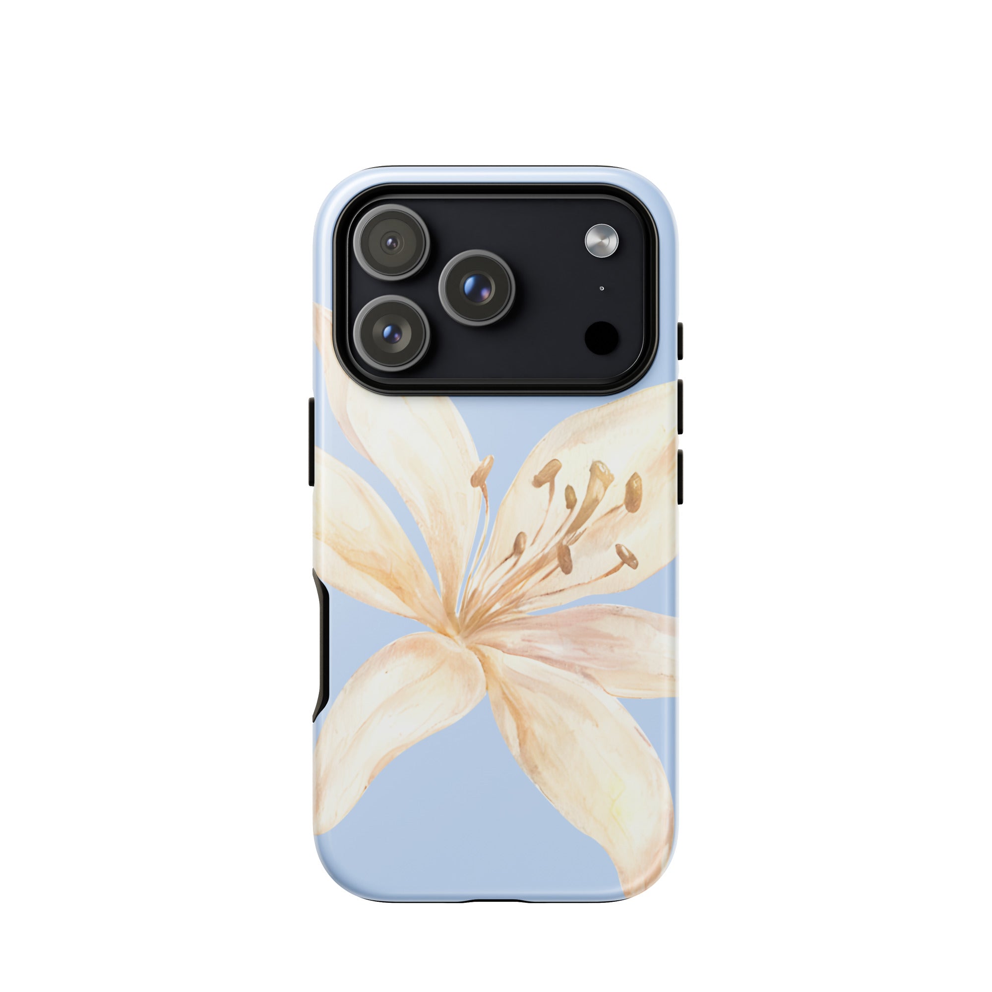 Sky Blue Off White Tiger Lily IPhone Case - Floral y2k preppy phone cover with beige lily design on blue background