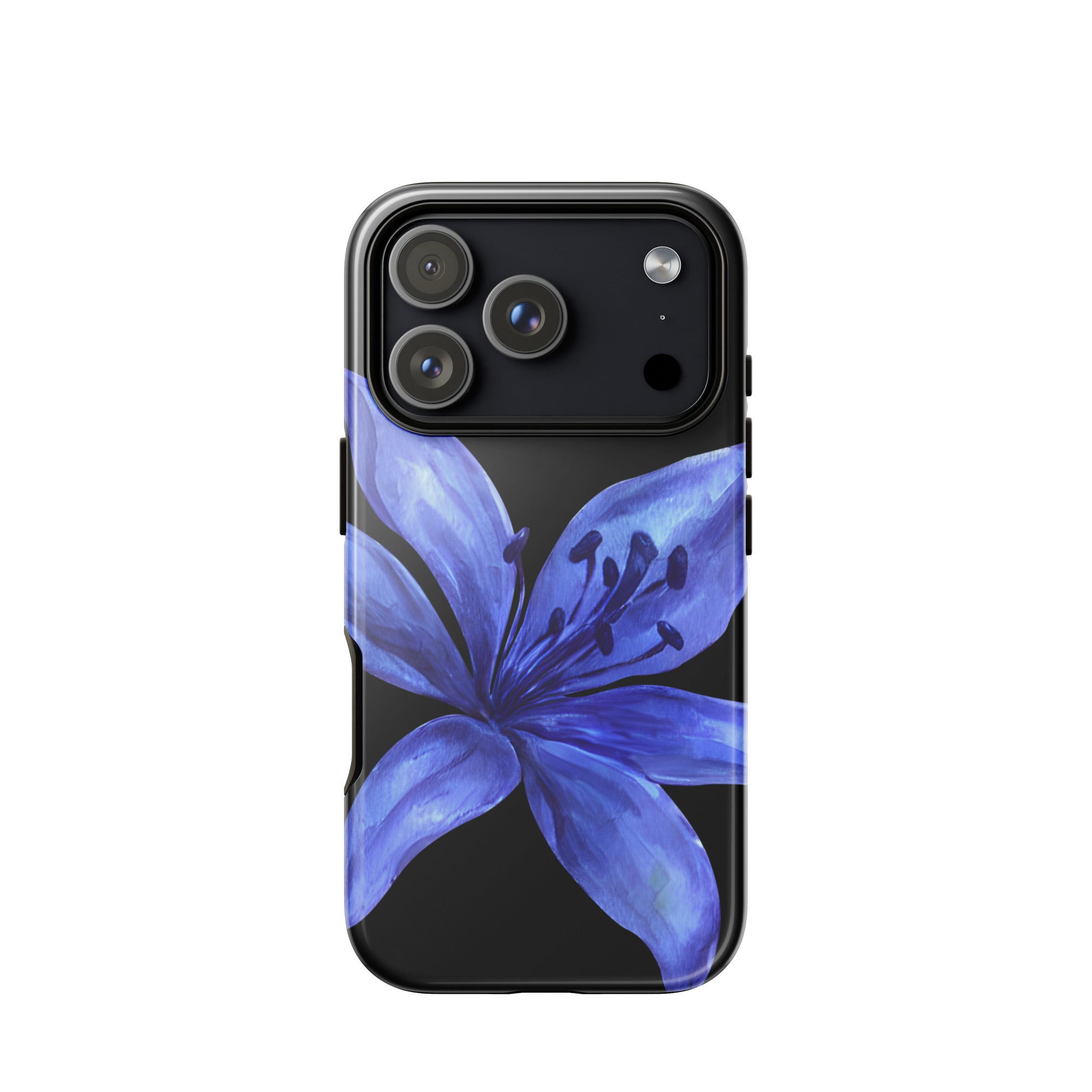 Blue and black tiger lily iPhone case with dual-layer protection.