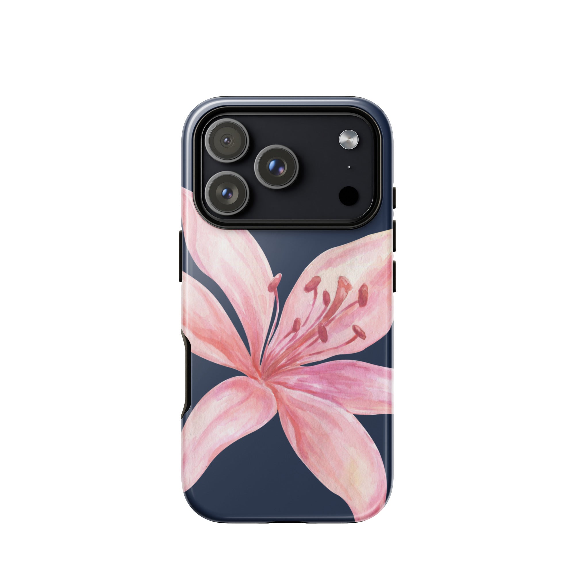 Blue navy iPhone case with pink tiger lily floral print; dual-layer polycarbonate outer shell and TPU interior.