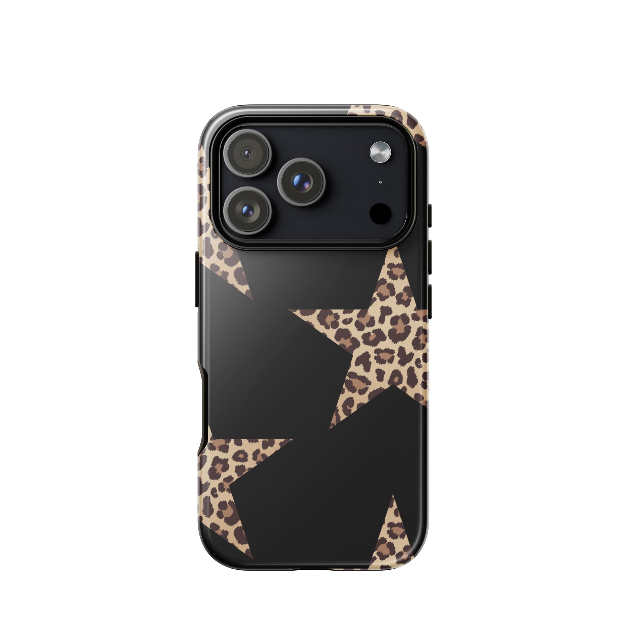 Black Cheetah Stars iPhone Case with leopard-print star patterns on black, dual-layer protection.