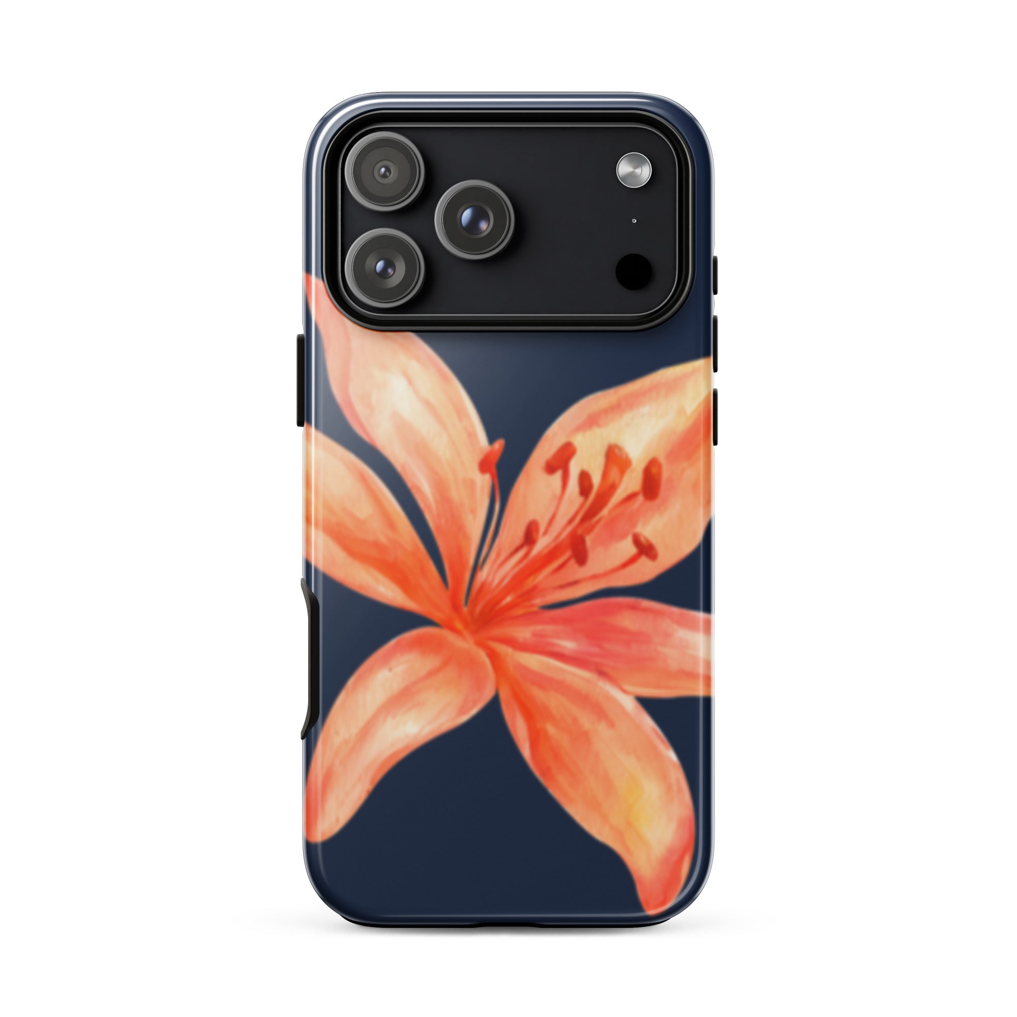 Coral Tiger Lily iPhone Case - Y2K Floral Navy With Glossy Or Matte featuring a large coral lily on a navy background
