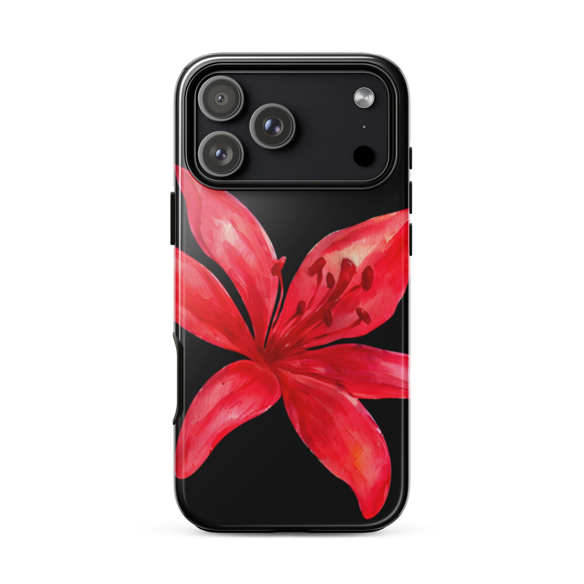 Red Tiger Lily IPhone Case - Y2K Floral Black Phone Case With Dual Layer Protection In Glossy Or Matte Finish showing a vibrant red flower design
