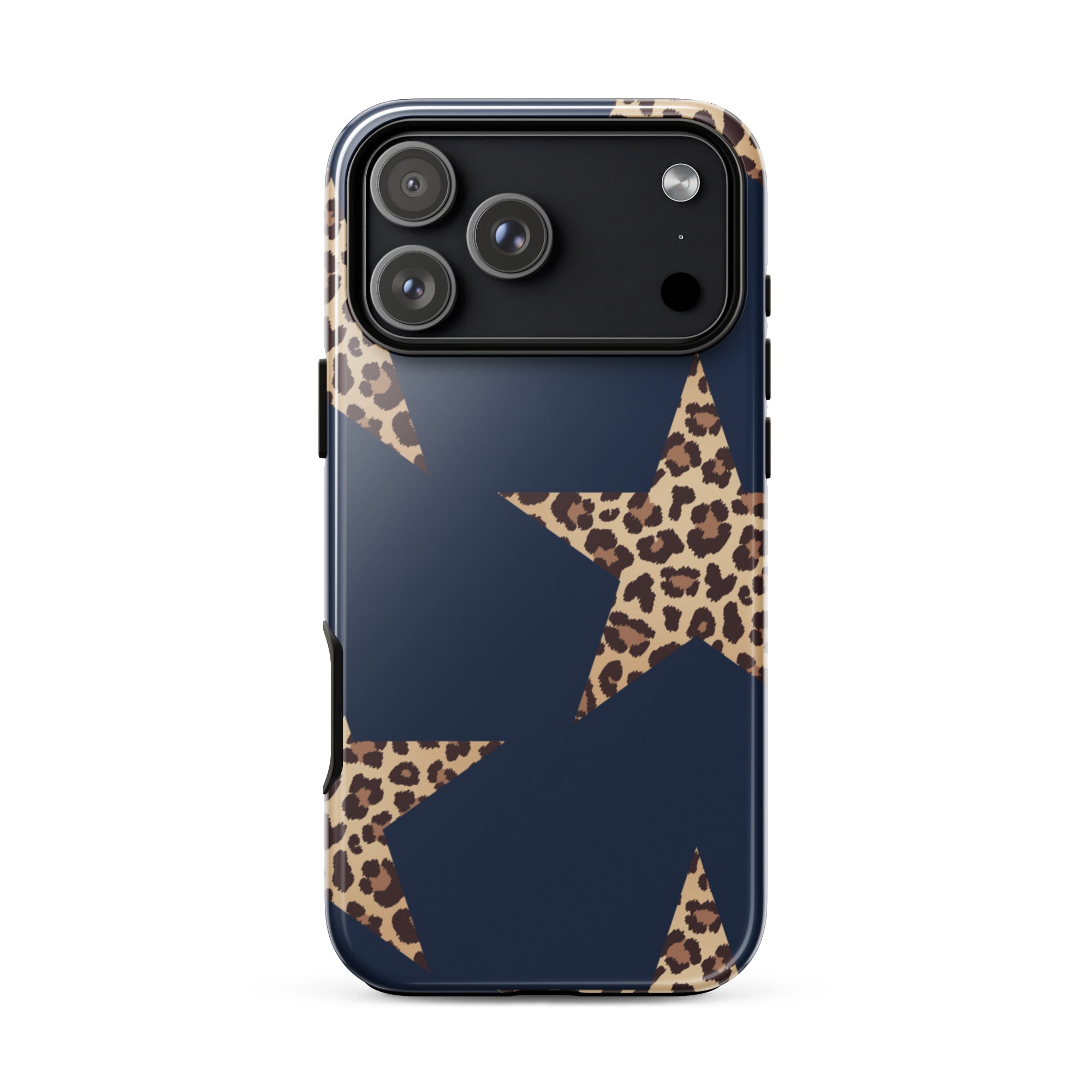 Navy Cheetah Stars iPhone Case - Leopard Star phone cover Dual Layer Bold Style featuring cheetah print stars on navy background for iPhone protection