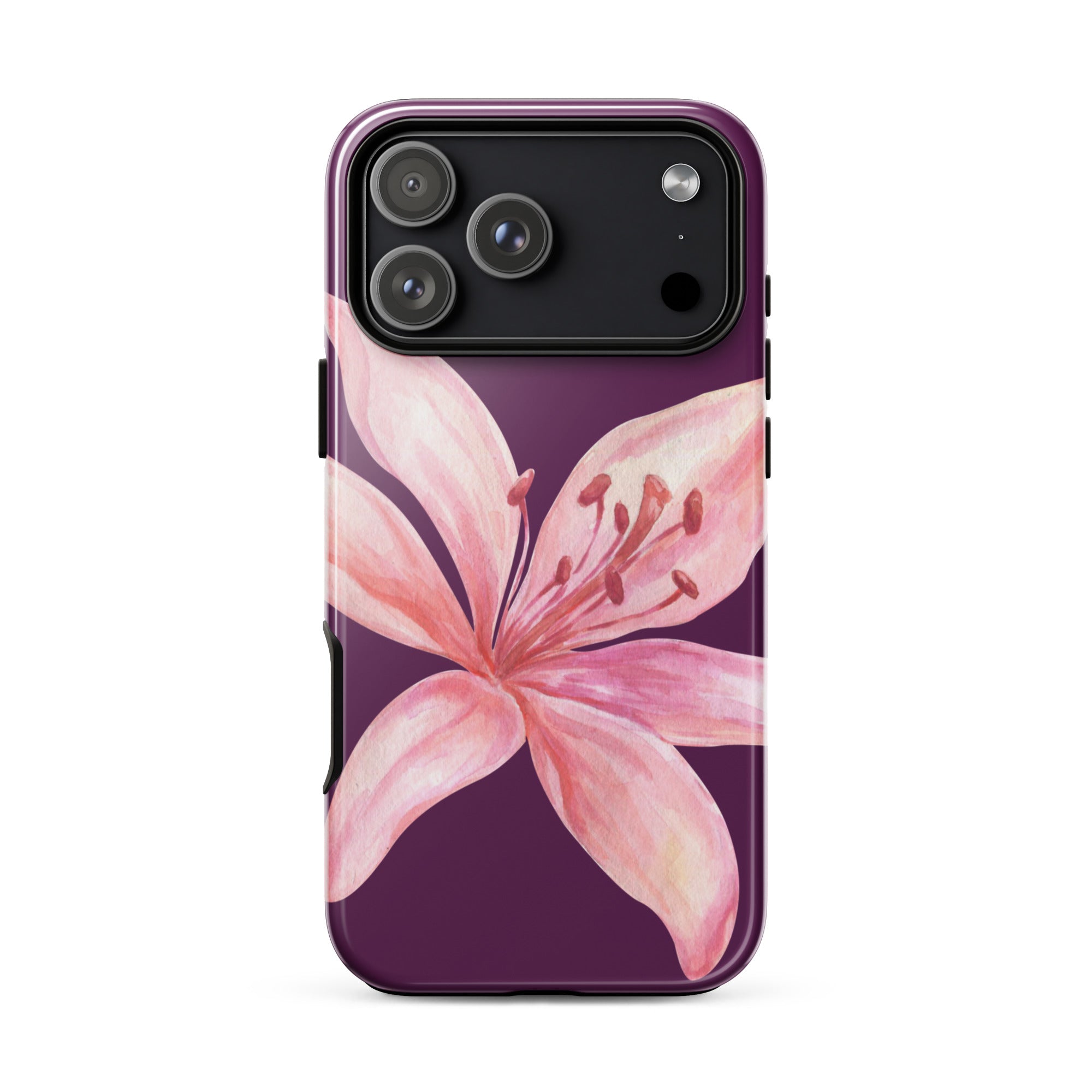 Tiger Lily Purple Pink iPhone Case - Dual Layer Protection With Polycarbonate Outer Shell featuring a large pink lily design on purple background