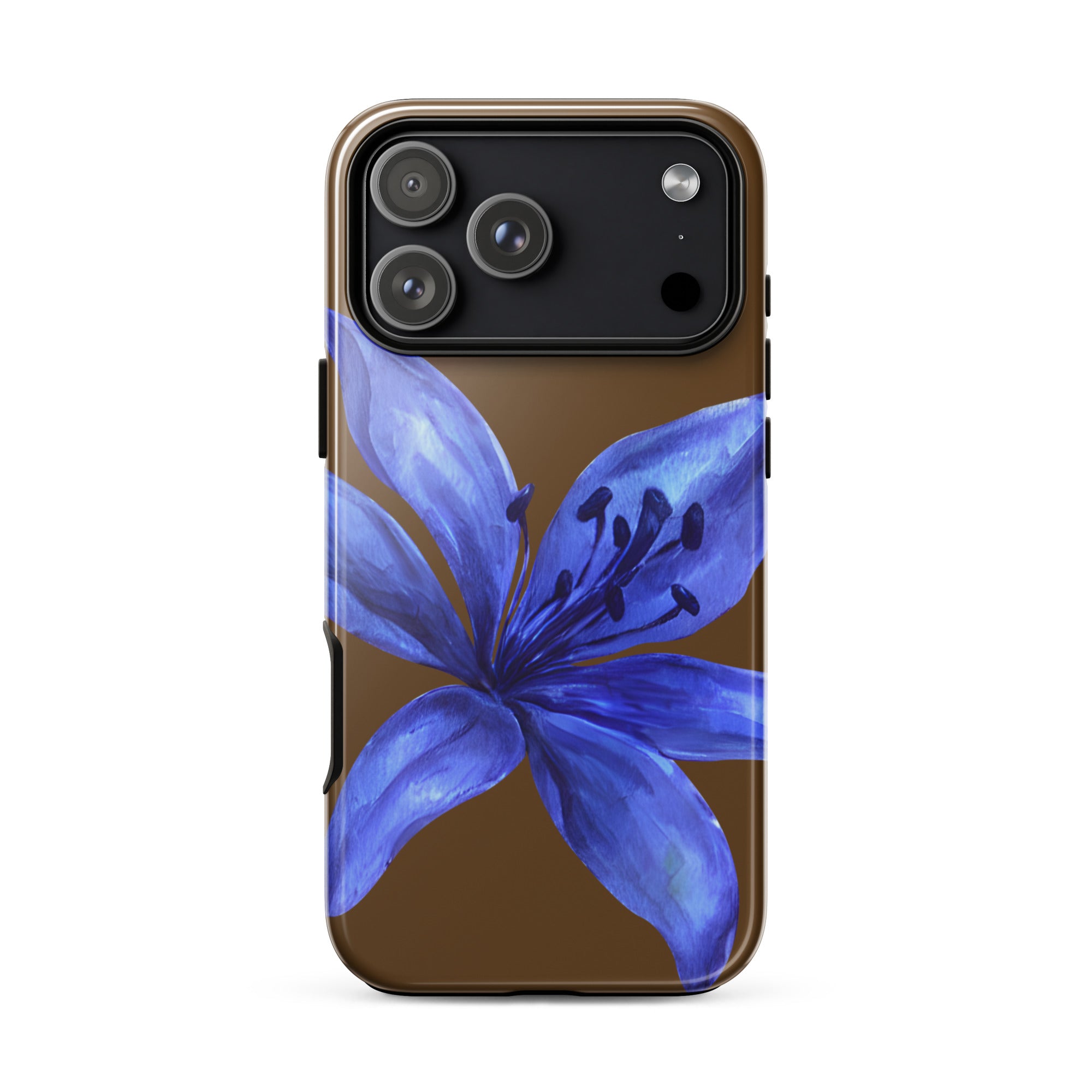 Tiger Lily Brown and Blue Tiger Lily iPhone Case - Dual Layer Protection With Impact Resistant Polycarbonate featuring blue floral design on brown background.
