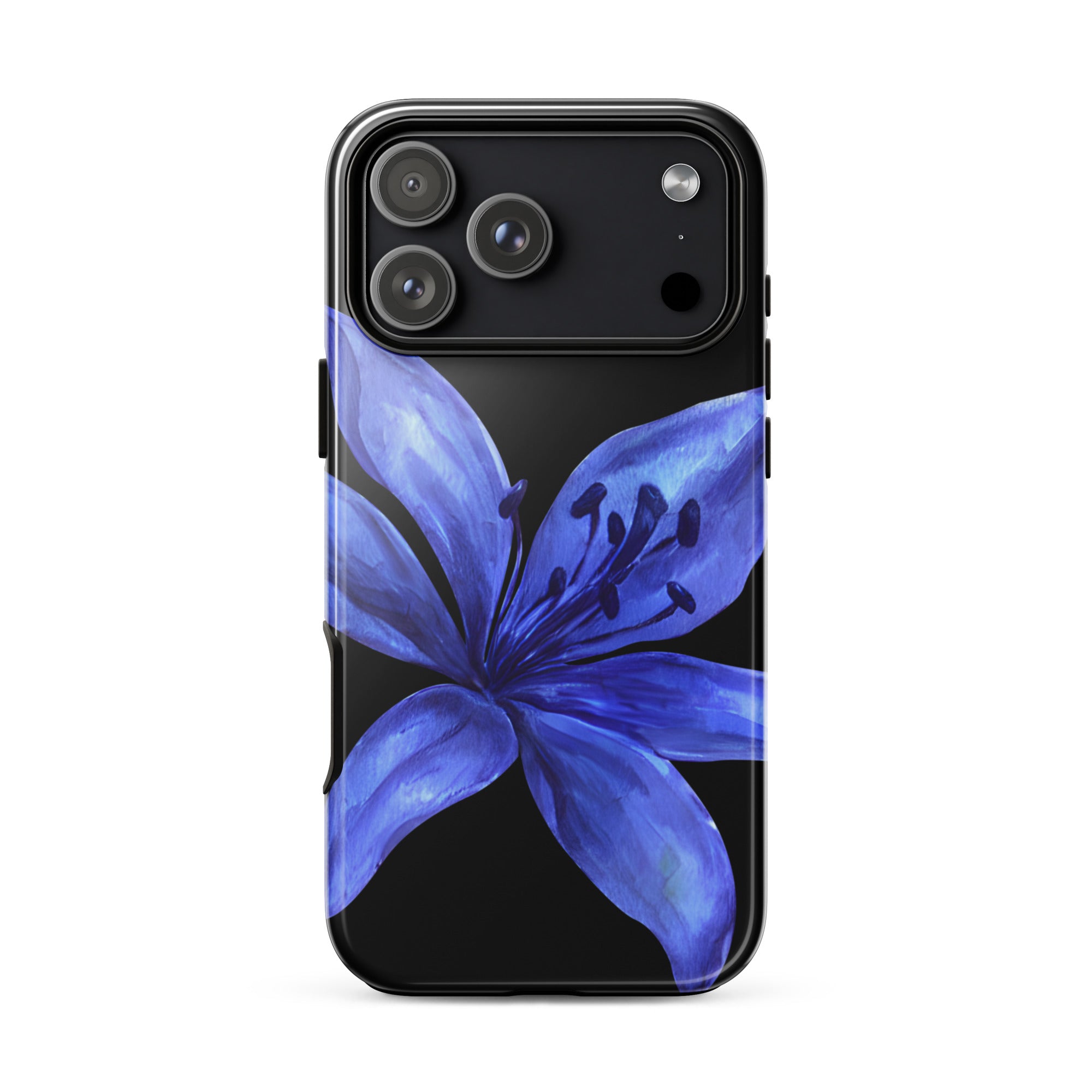 Blue tiger lily iPhone case on black background with dual-layer polycarbonate/TPU protection.
