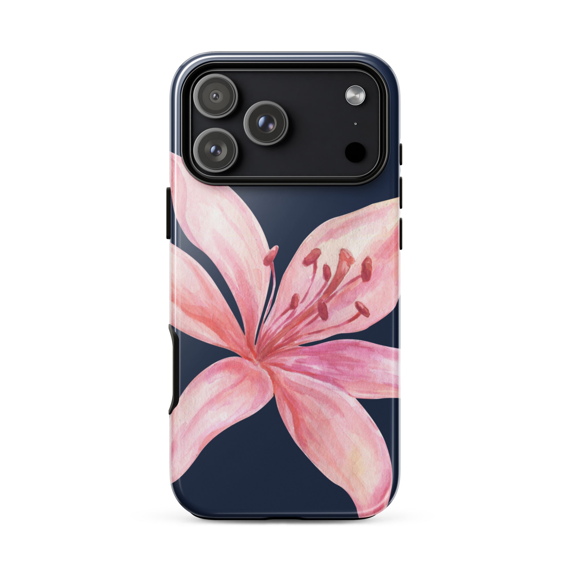 Blue navy iPhone case with pink tiger lily design and dual-layer polycarbonate/TPU protection.