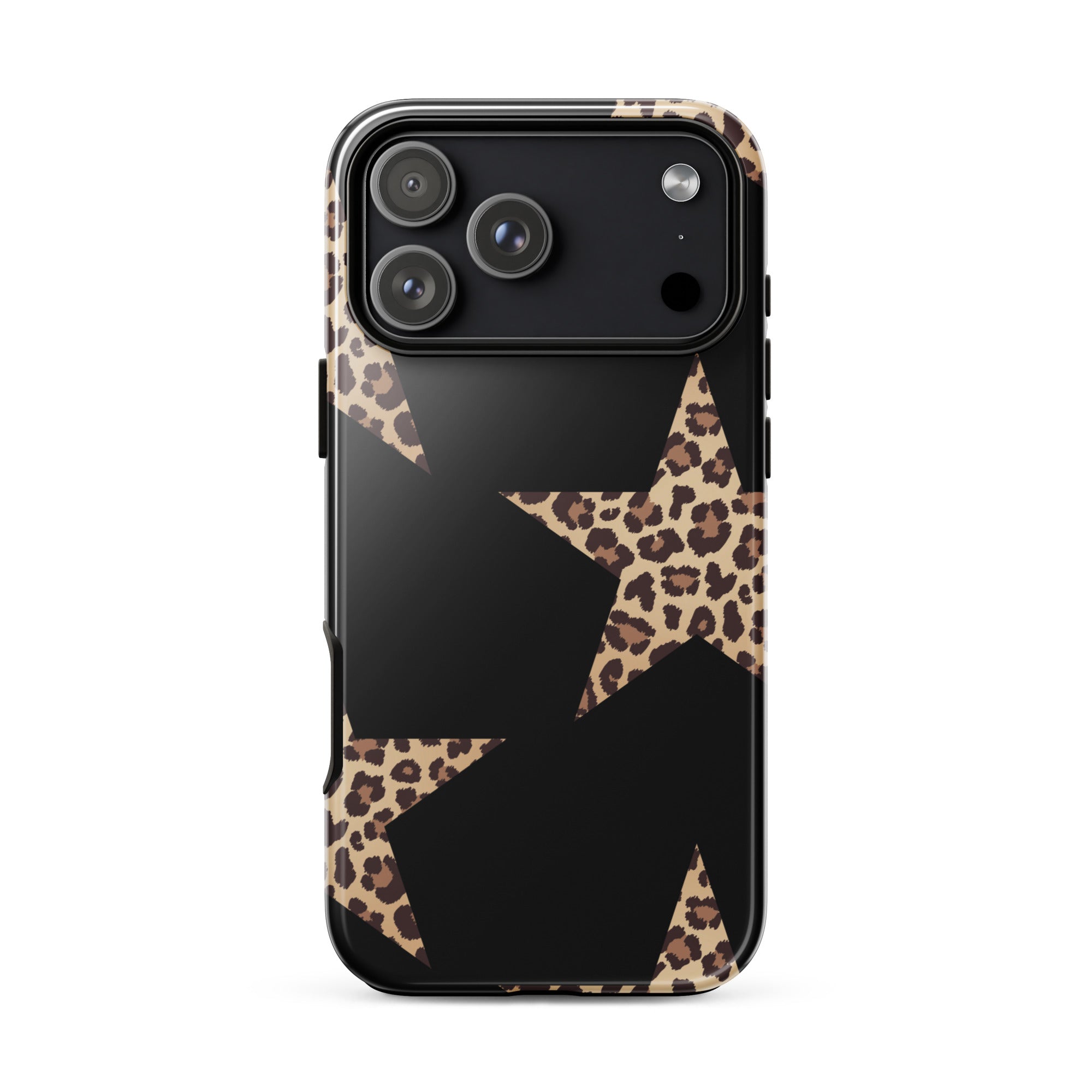 Black iPhone case with leopard-print stars and bold geometric star design, dual-layer protection.