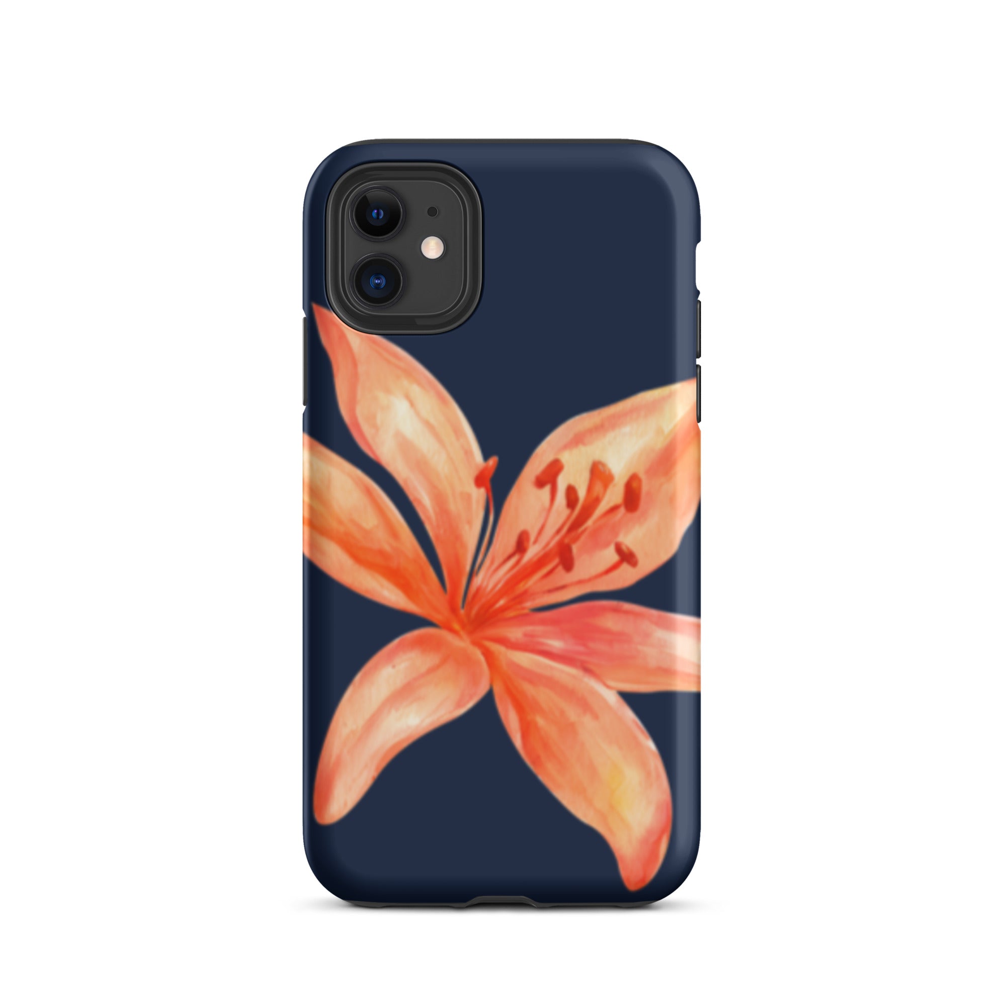 Coral Tiger Lily iPhone Case - Y2K Floral Navy With Glossy Or Matte with orange flower on dark navy background