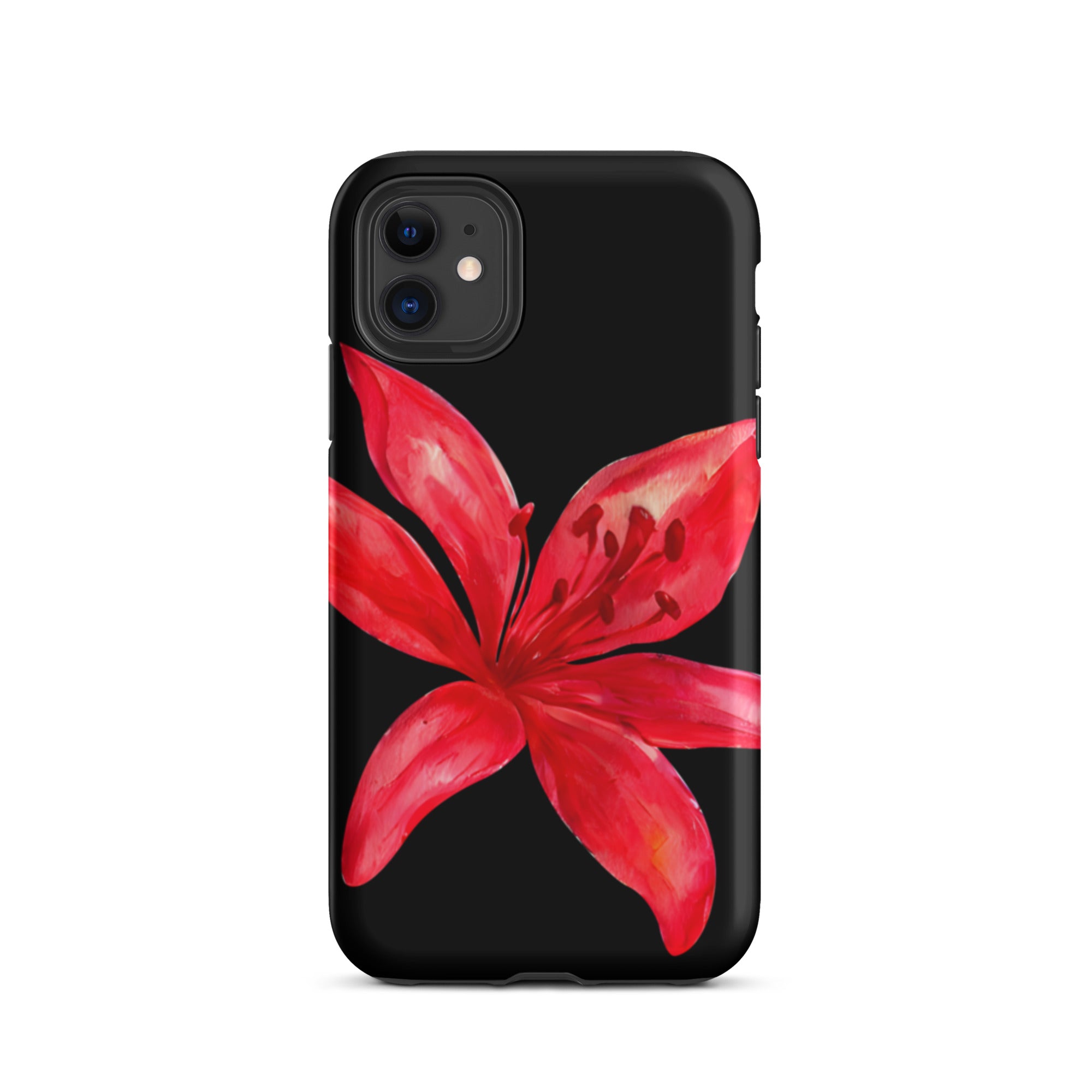 Red Tiger Lily IPhone Case - Y2K Floral Black Phone Case With Dual Layer Protection In Glossy Or Matte Finish showing vibrant red flower design