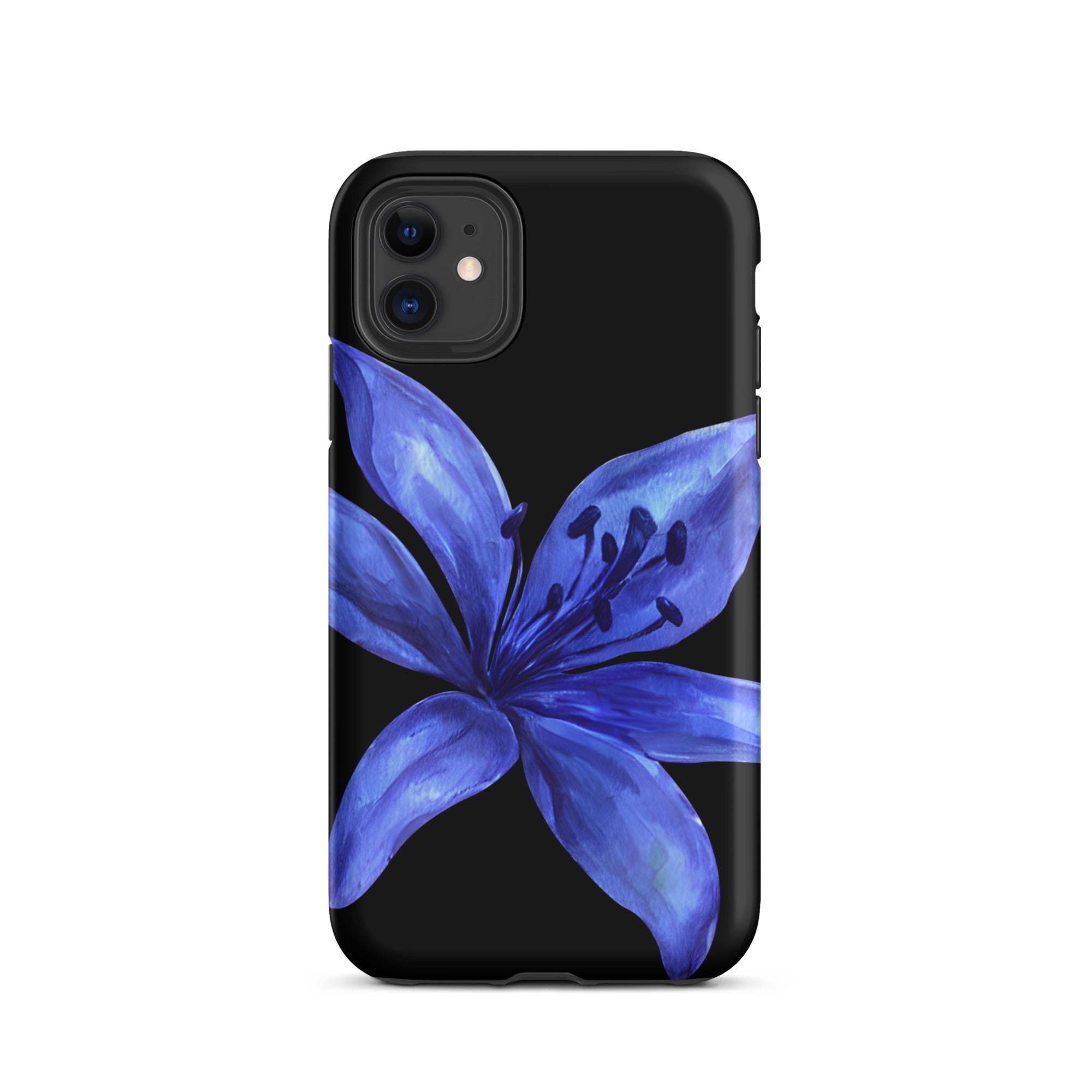Blue tiger lily design on black dual-layer iPhone case with polycarbonate outer shell.