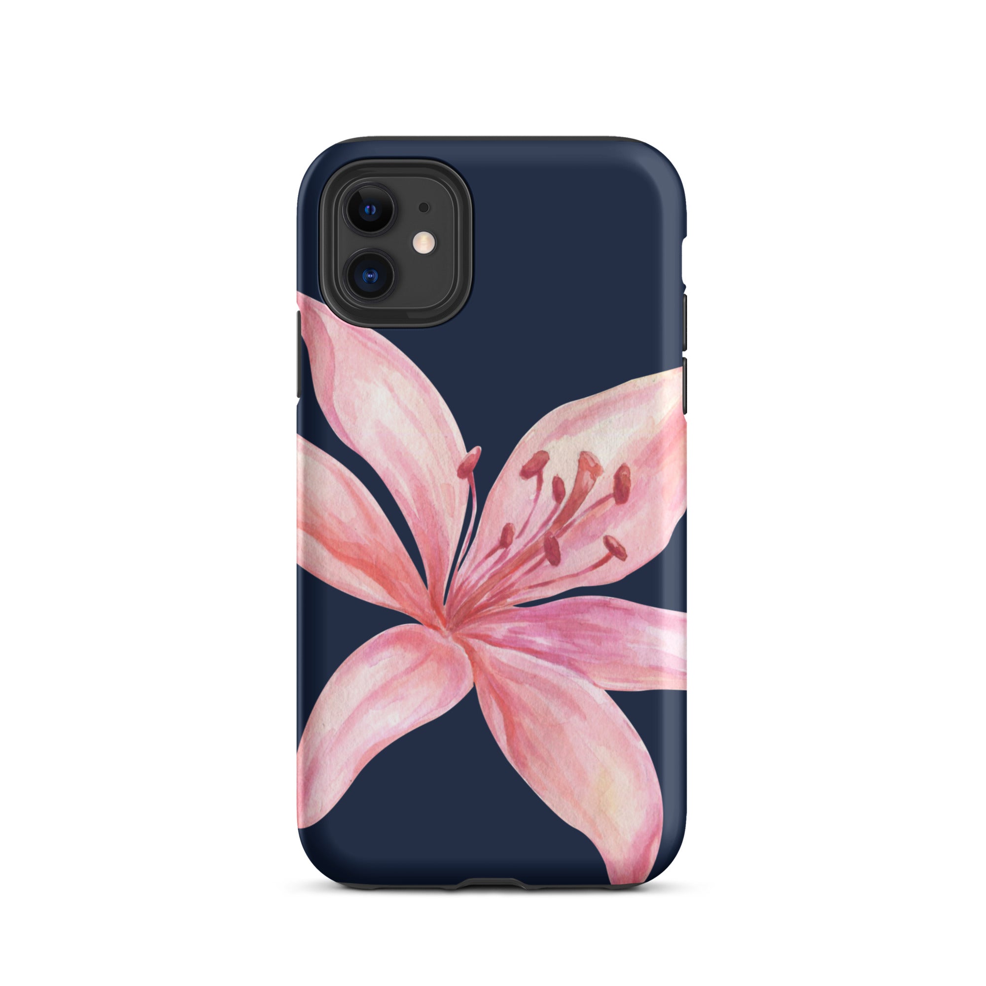 Navy blue iPhone case with pink tiger lily design, dual-layer polycarbonate shell and TPU interior.