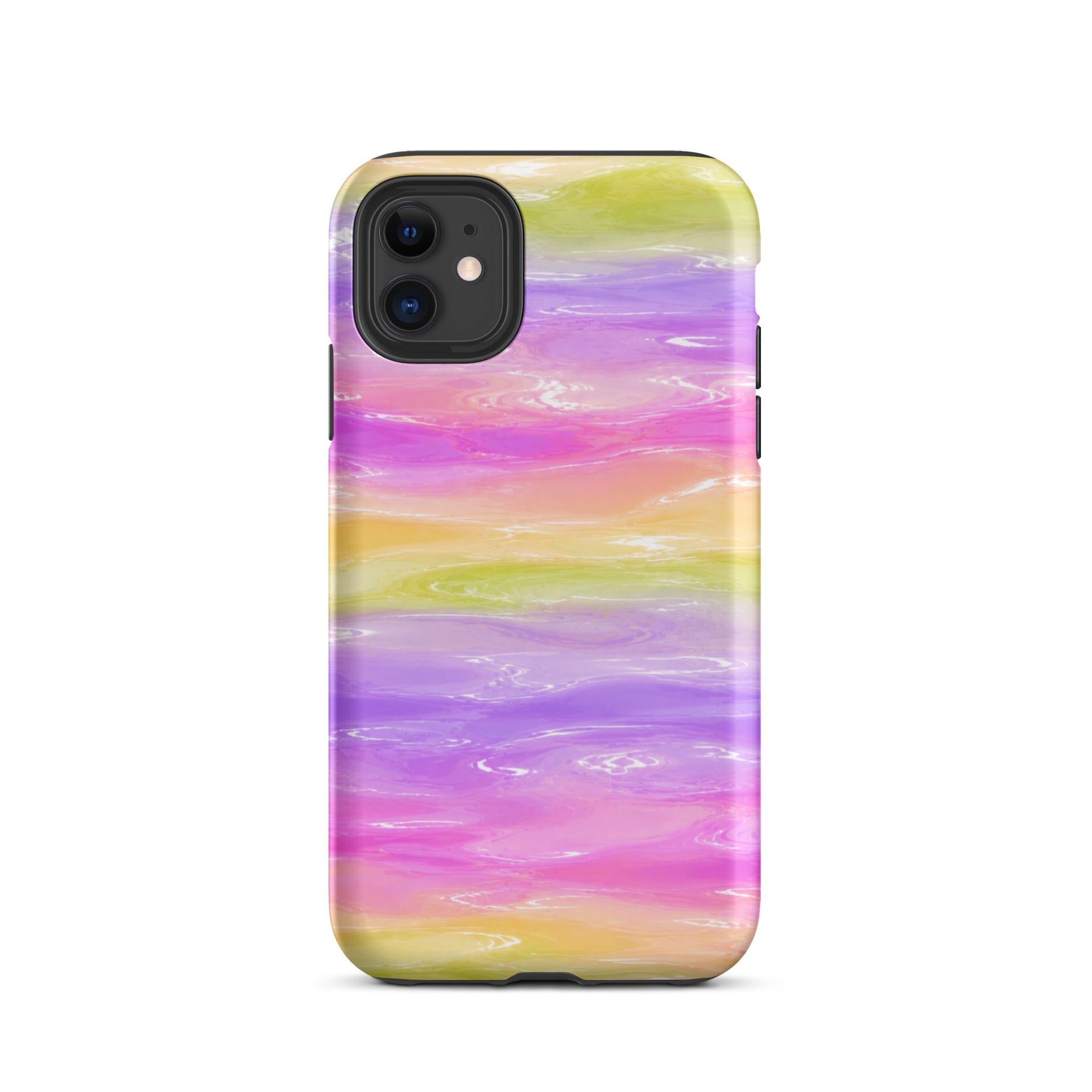 Back view of colorful marble iPhone case with triple camera