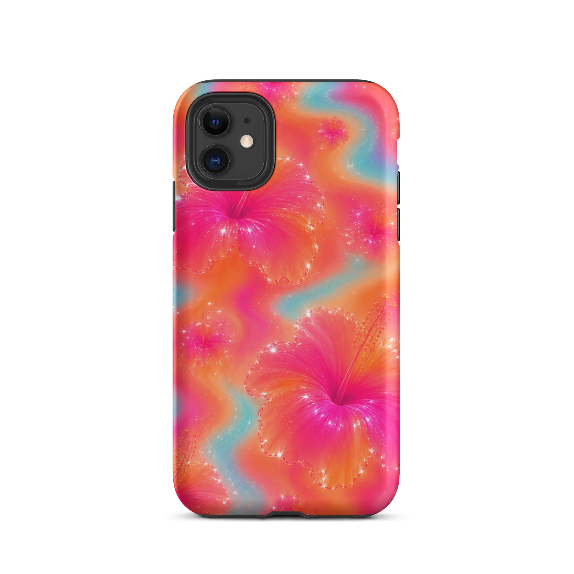 Back view of vibrant floral iPhone case with triple camera cutout