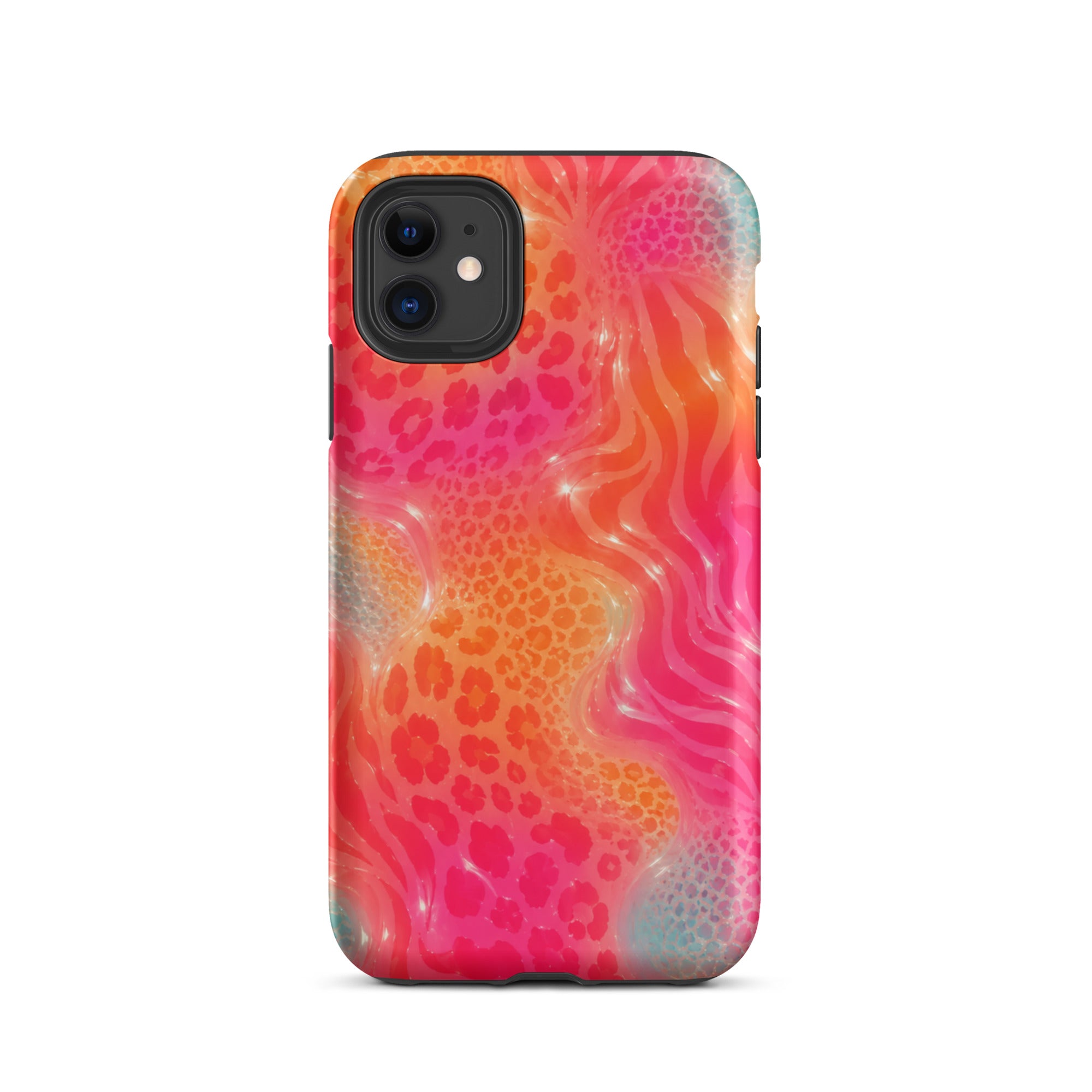 Back view of vibrant animal print iPhone case with camera opening