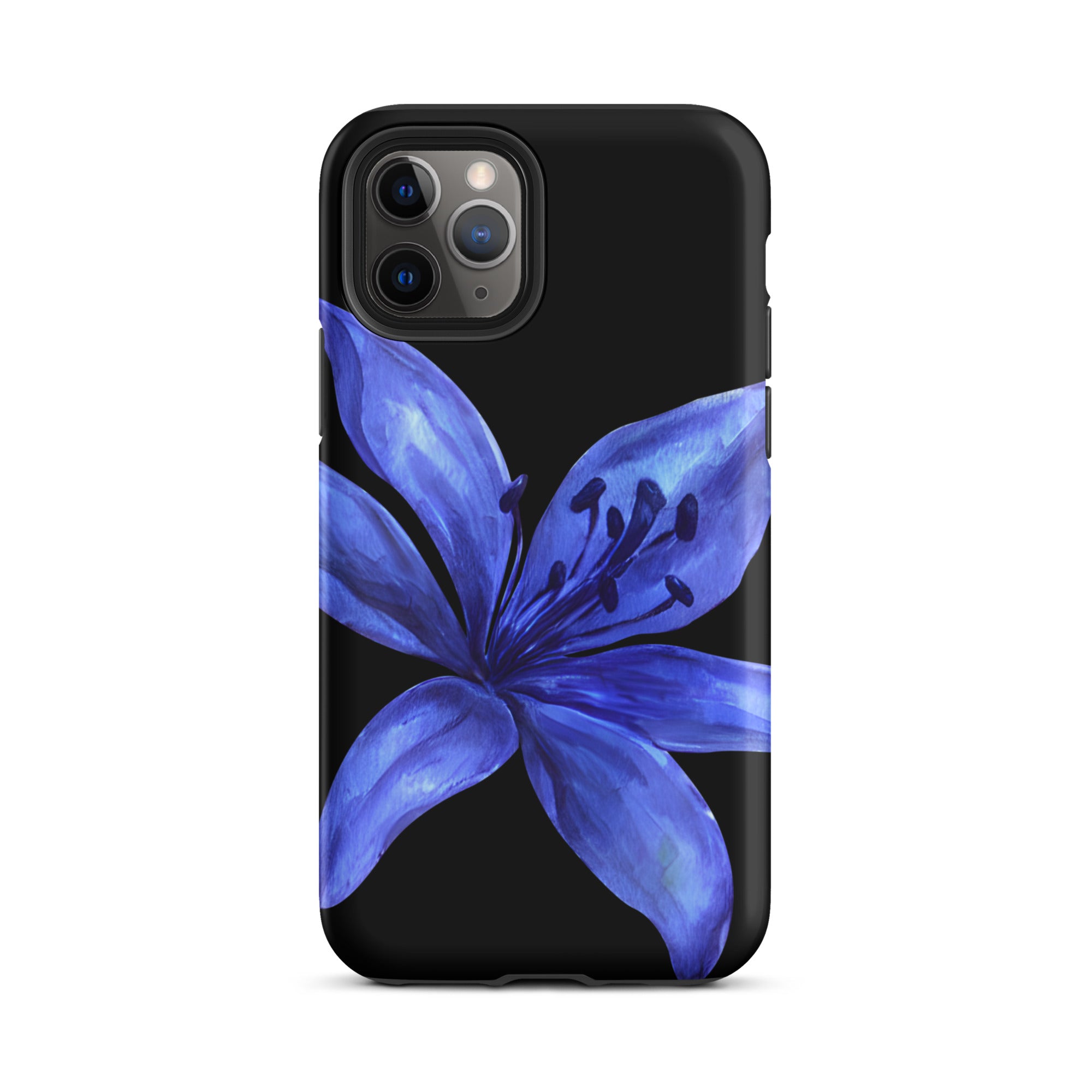 Blue and black tiger lily design on a black dual-layer iPhone case with polycarbonate shell and TPU lining.
