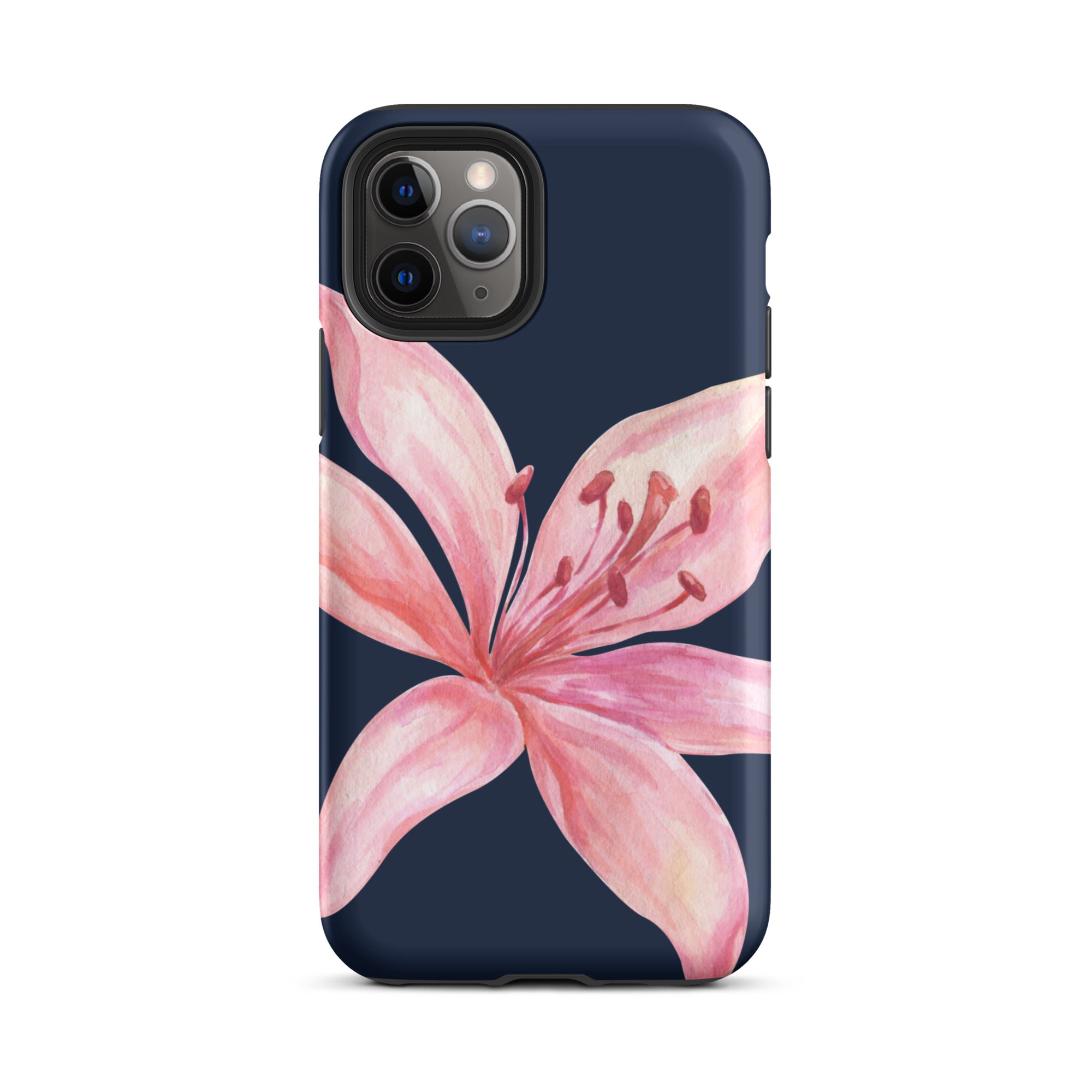 Navy blue iPhone case with pink tiger lily floral design and a durable dual-layer protection.
