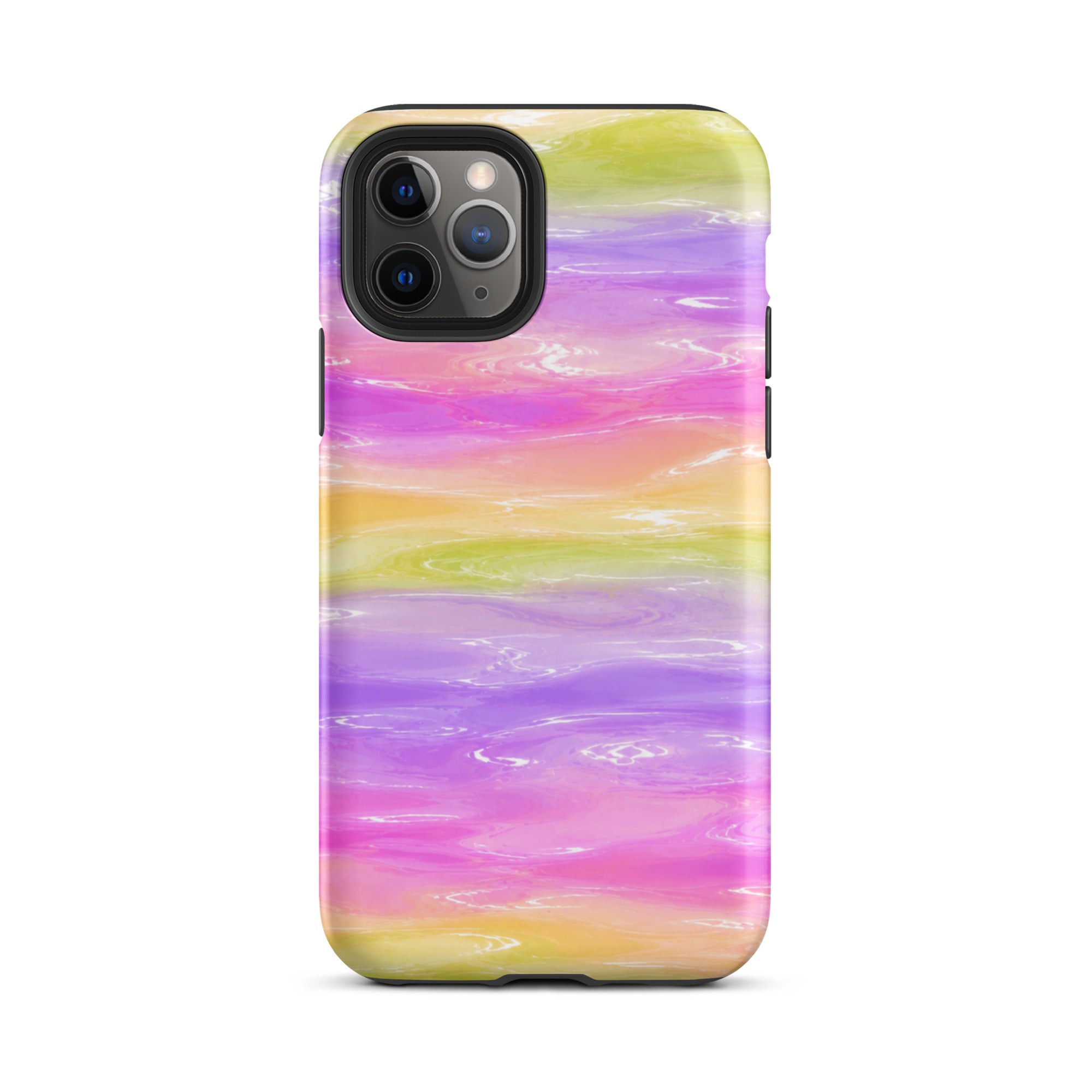 Front view of colorful marble iPhone case with triple camera