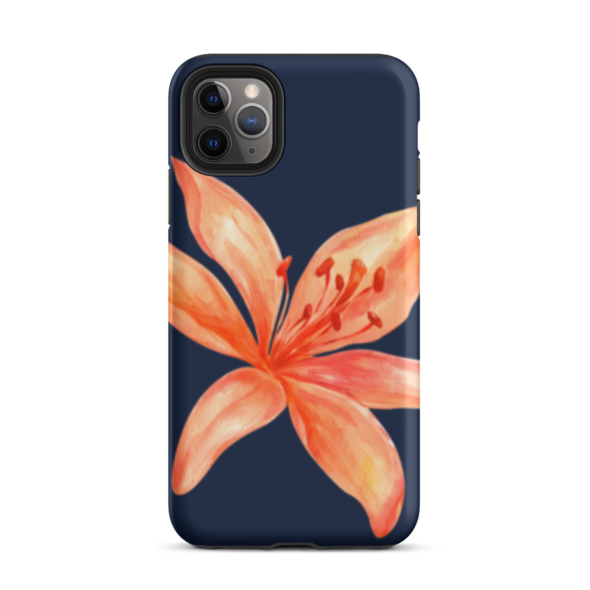 Coral Tiger Lily iPhone Case - Y2K Floral Navy With Glossy Or Matte featuring a bold coral flower on a navy background.