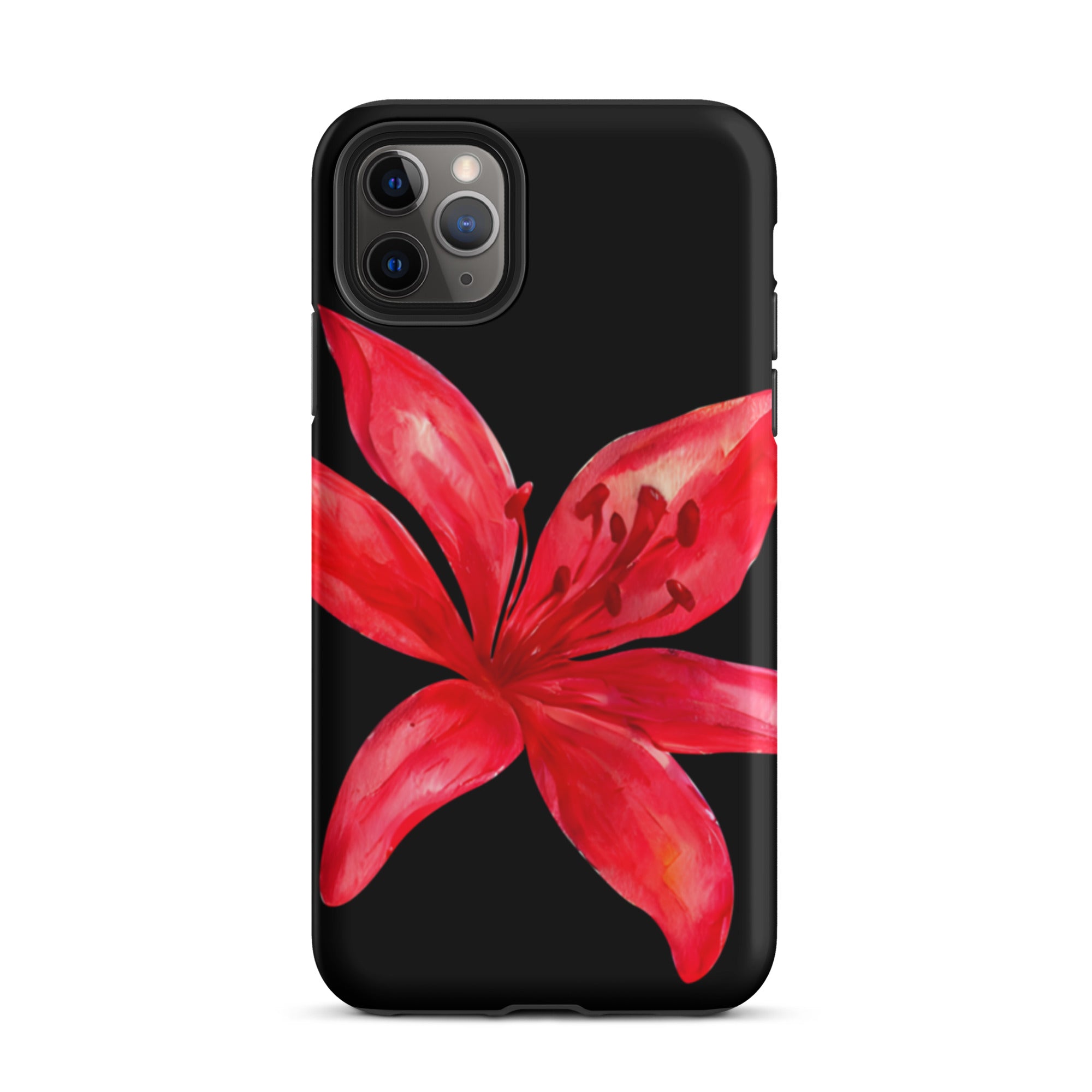 Red Tiger Lily IPhone Case - Y2K Floral Black Phone Case With Dual Layer Protection In Glossy Or Matte Finish showcasing a red flower design