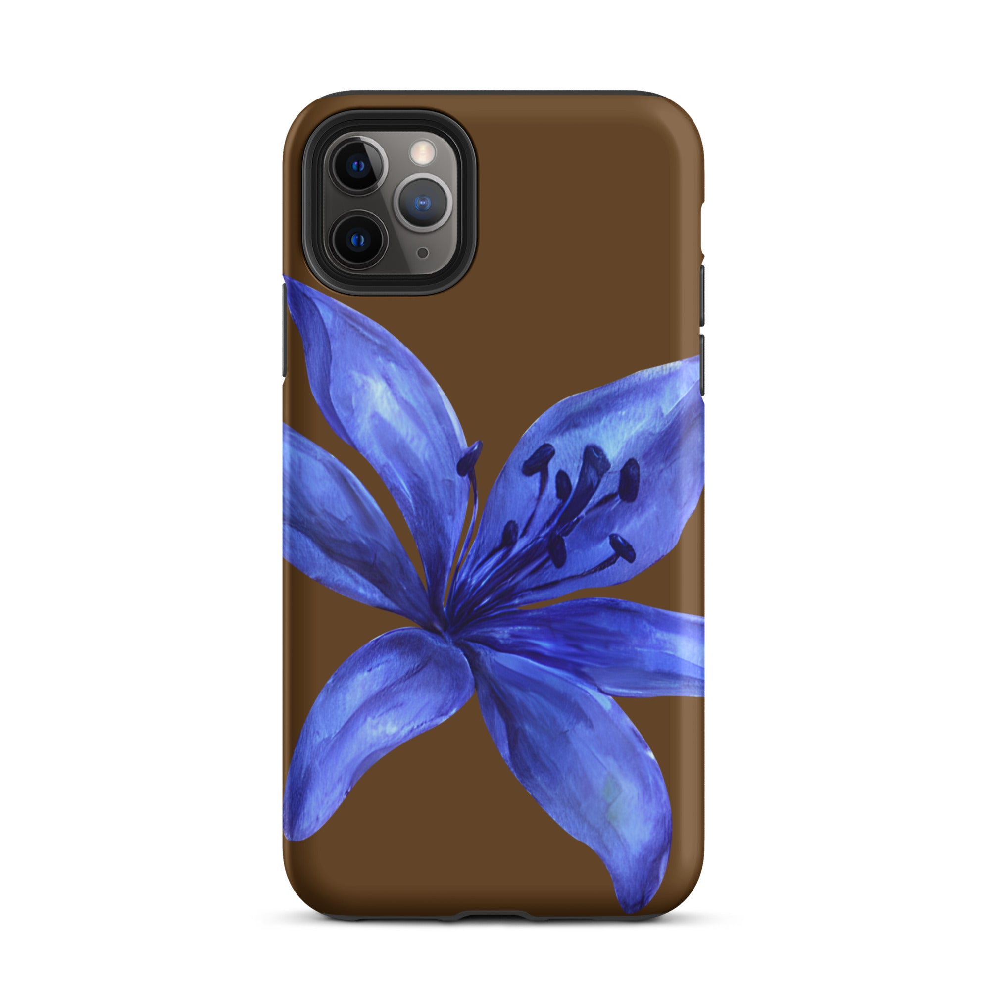 Tiger Lily Brown and Blue Tiger Lily iPhone Case - Dual Layer Protection With Impact Resistant Polycarbonate featuring a blue flower design on brown background