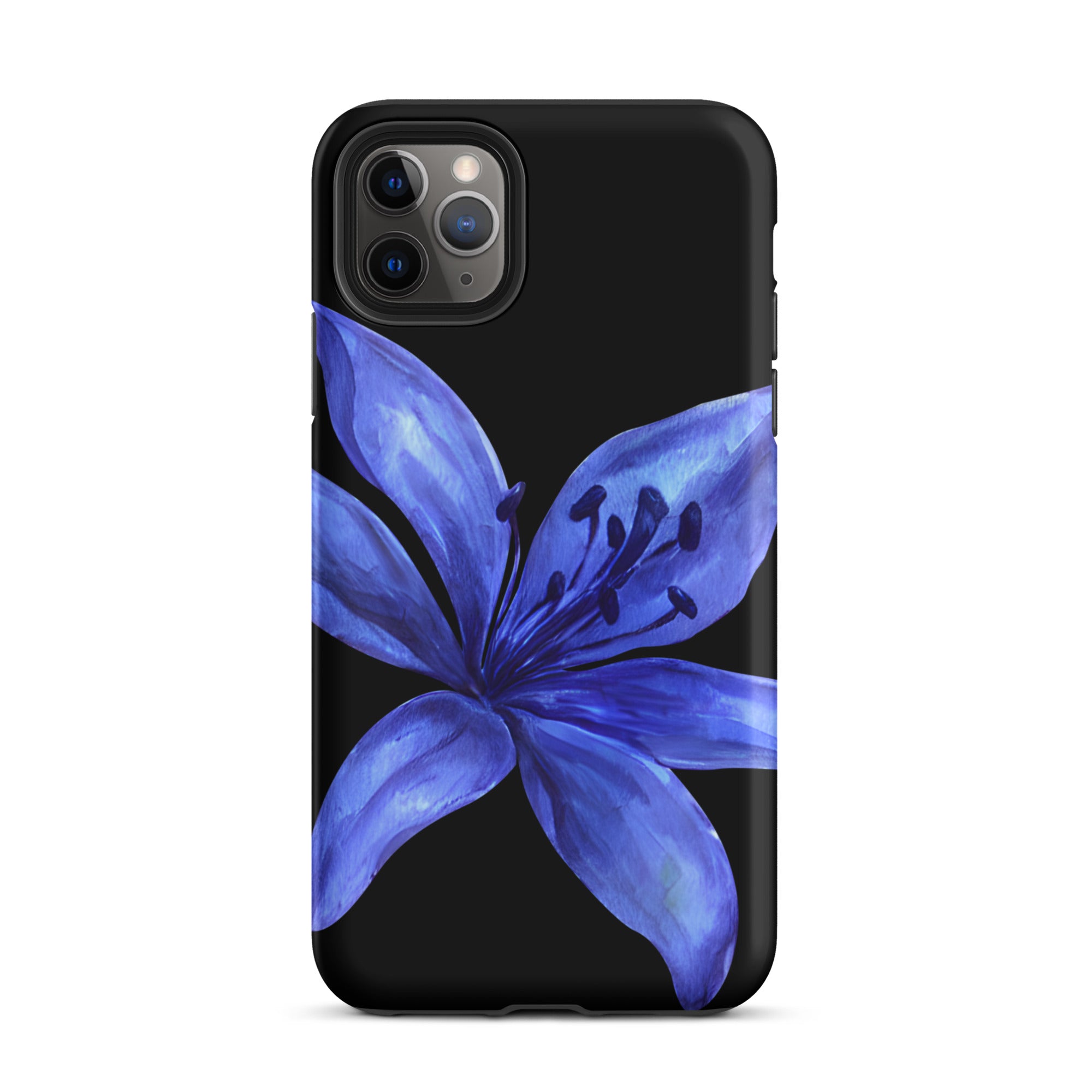 Blue tiger lily design on a black iPhone case with a dual-layer protective shell.