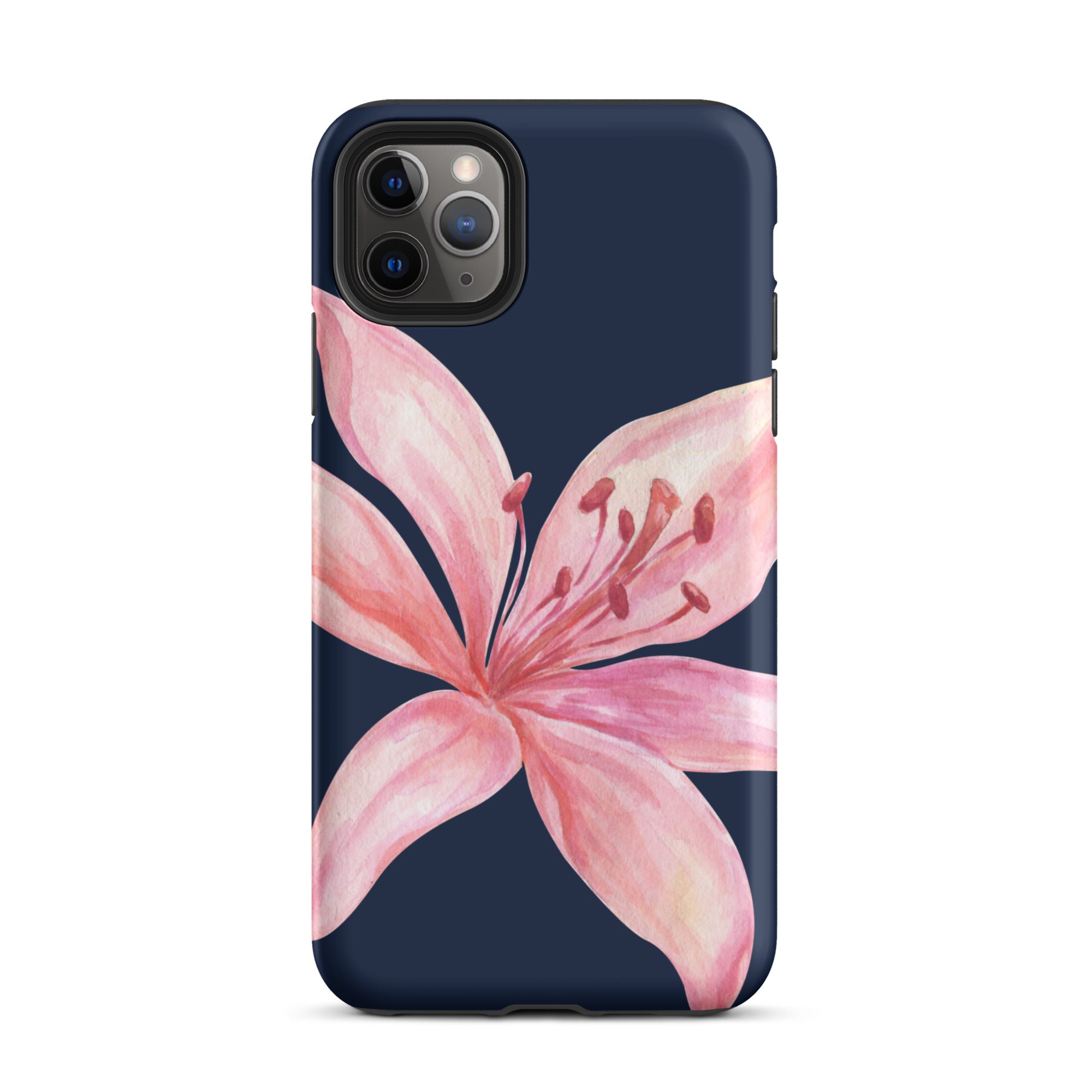 Blue pink tiger lily iPhone case with dual-layer polycarbonate outer shell and TPU lining.
