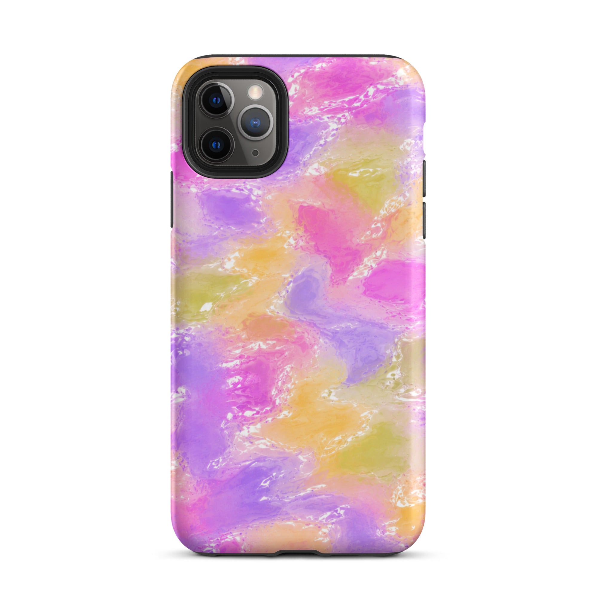 Close-up of colorful abstract iPhone case with precise port openings