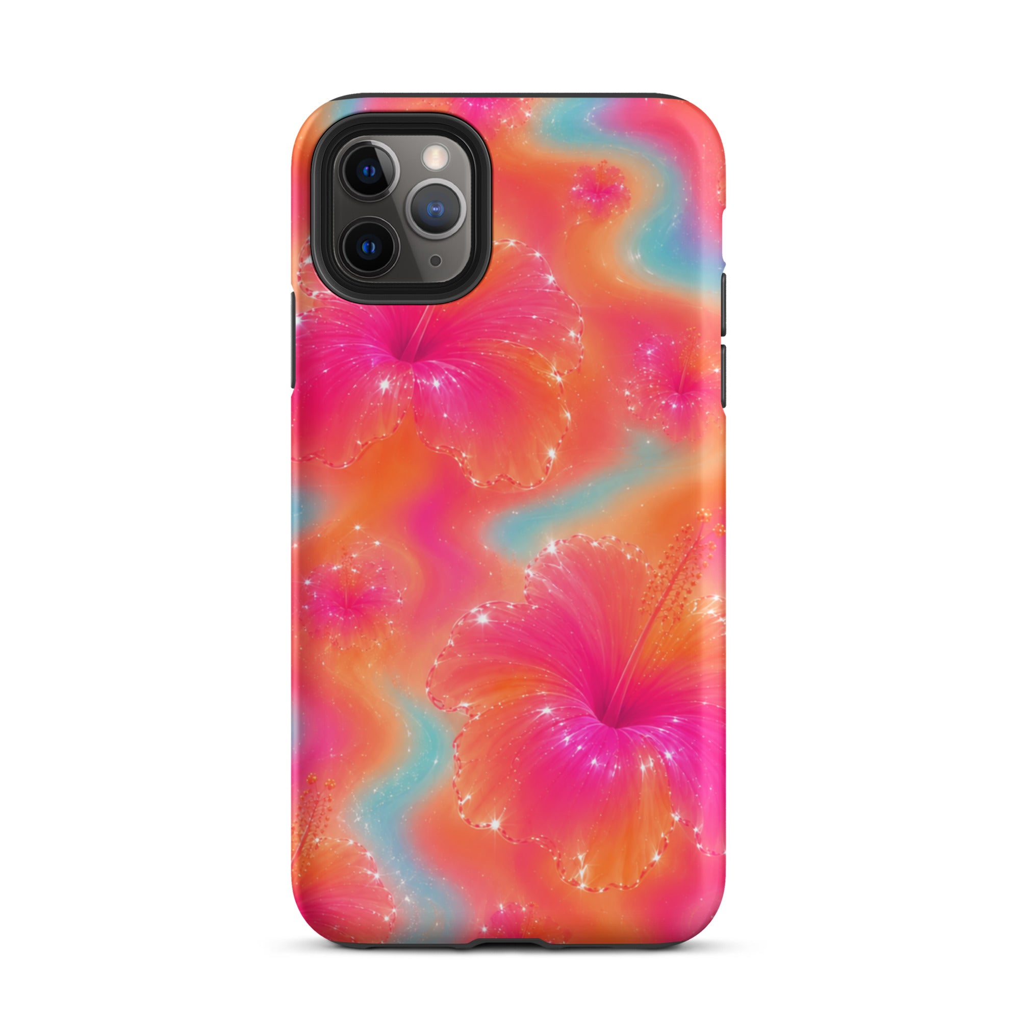 Close-up of iPhone with floral protective case and camera cutout