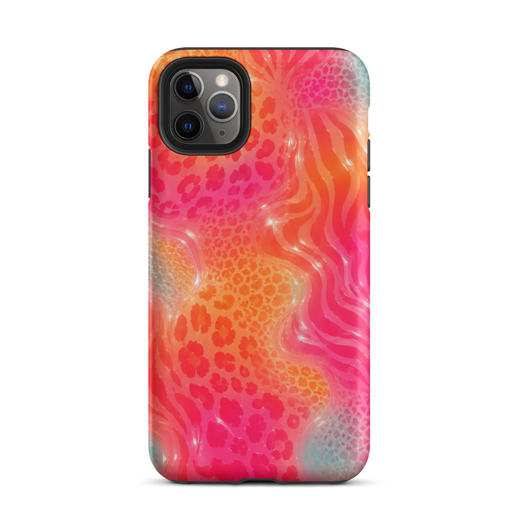Close-up of impact-resistant animal print iPhone case with camera cutout