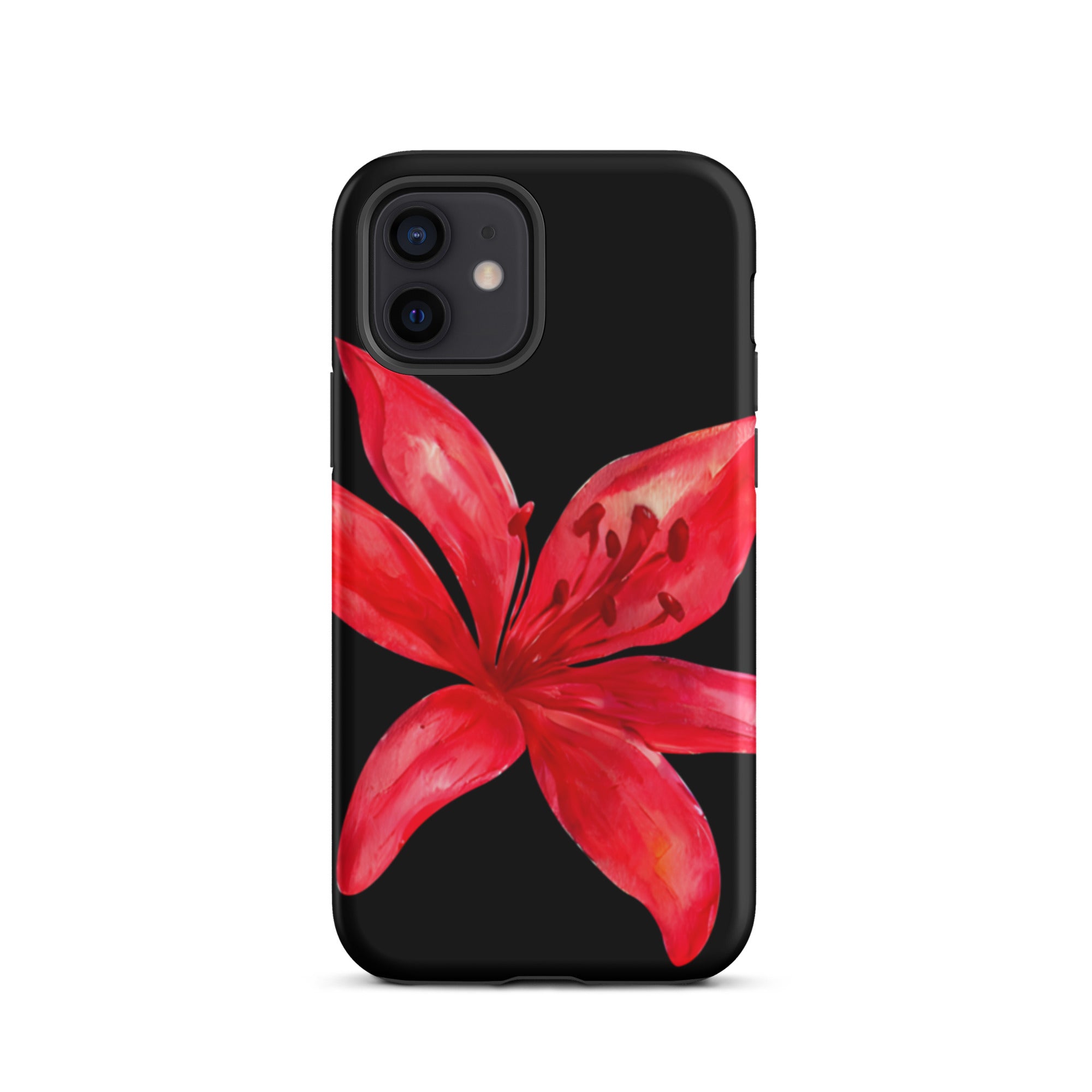 Red Tiger Lily IPhone Case - Y2K Floral Black Phone Case With Dual Layer Protection In Glossy Or Matte Finish with a red flower design