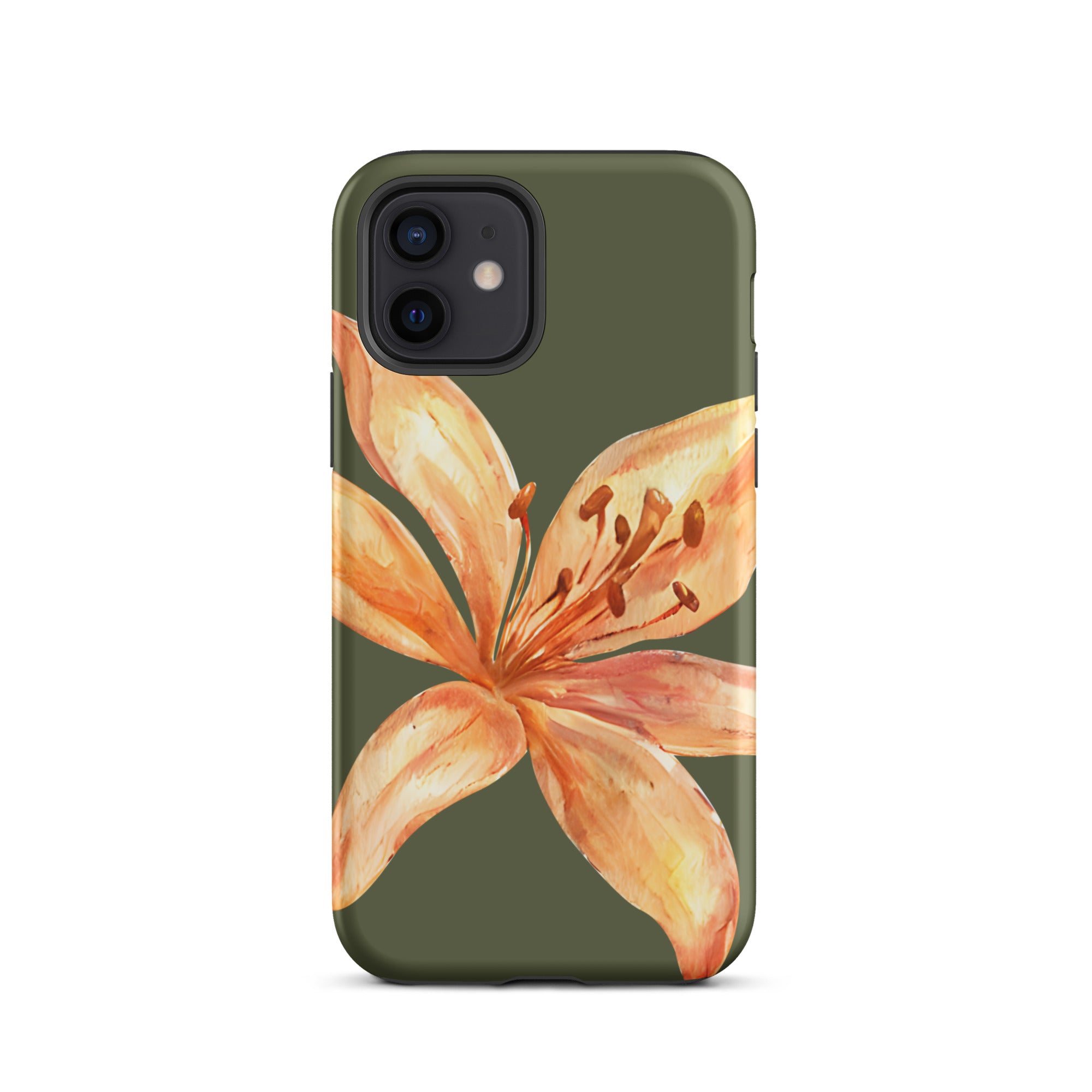 Tiger Lily IPhone Case - Botanical Art Floral y2k preppy Phone cover with orange flower on olive green background for trendy iphone cases