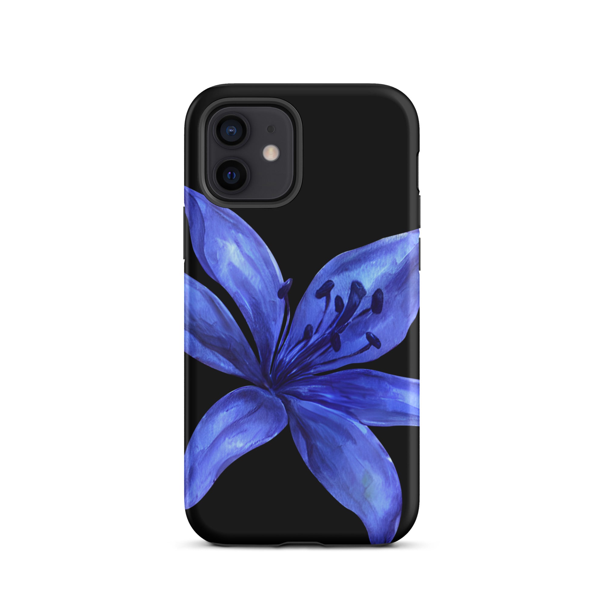 Blue and black tiger lily iPhone case with dual-layer protection