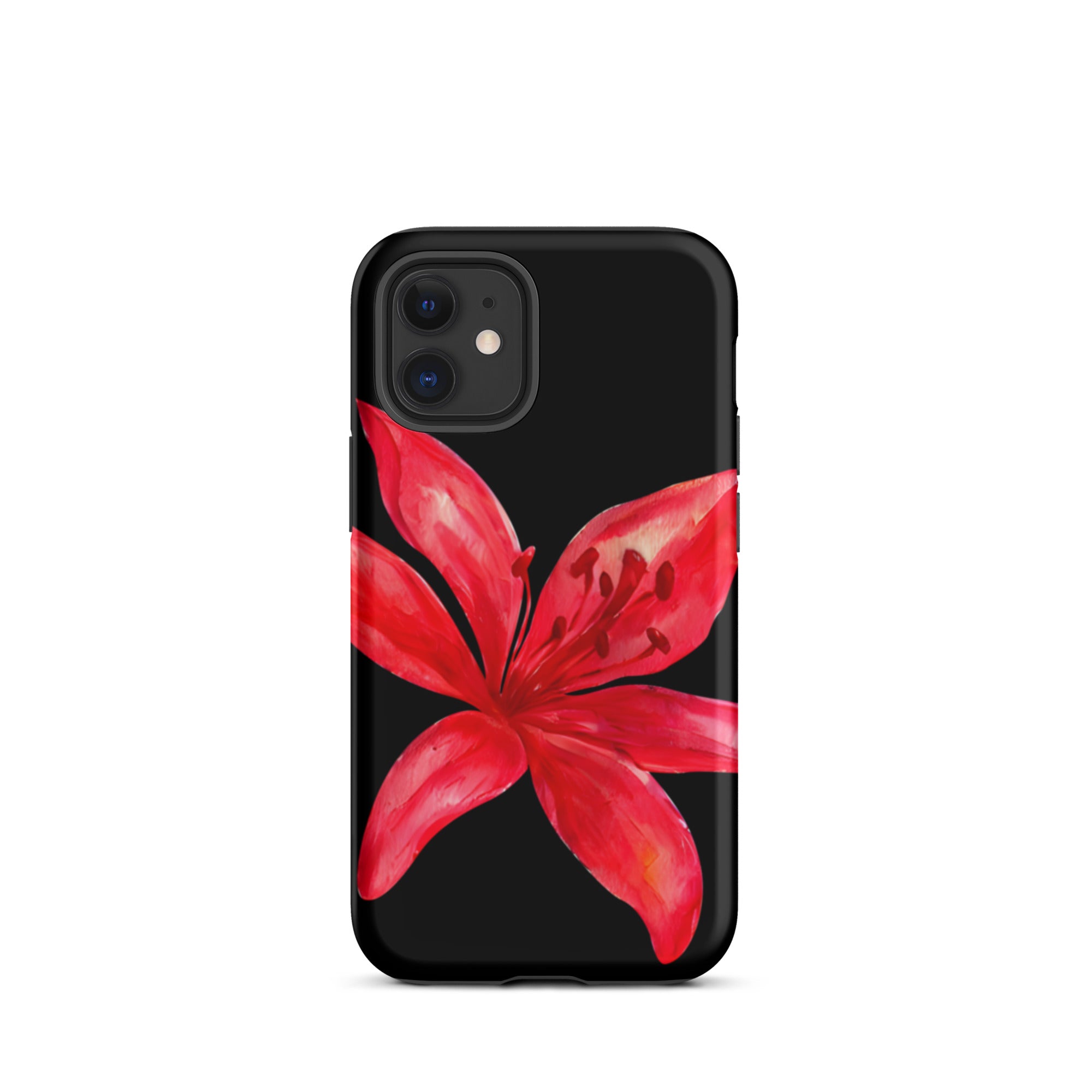 Red Tiger Lily IPhone Case - Y2K Floral Black Phone Case With Dual Layer Protection In Glossy Or Matte Finish showing red flower design