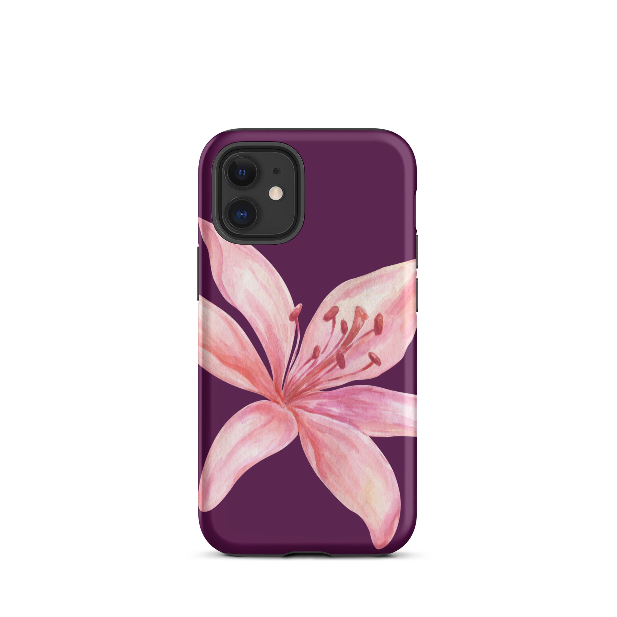 Tiger Lily Purple Pink iPhone Case - Dual Layer Protection With Polycarbonate Outer Shell featuring a large pink flower on purple background