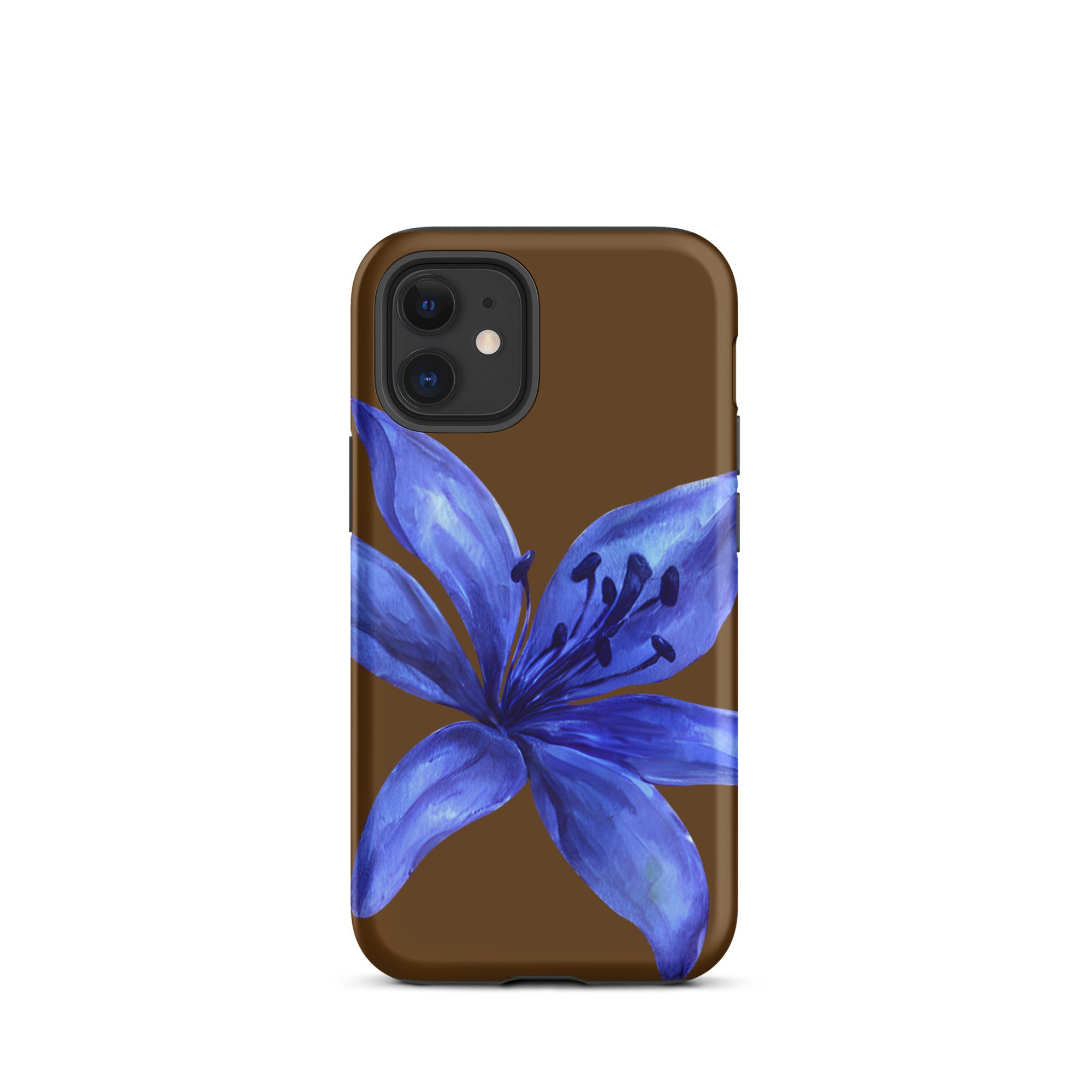 Tiger Lily Brown and Blue Tiger Lily iPhone Case - Dual Layer Protection With Impact Resistant Polycarbonate featuring a blue floral design on brown background
