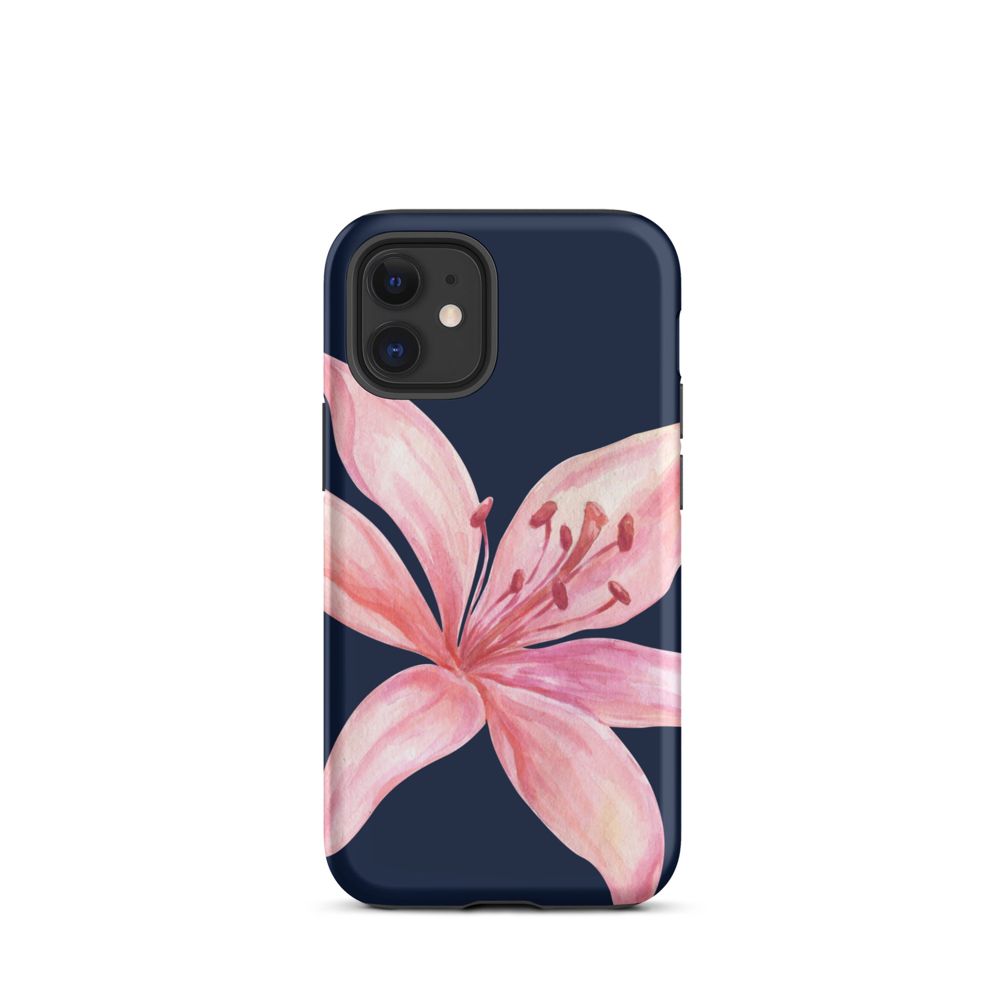 Navy blue iPhone case featuring a large pink tiger lily watercolor design and dual-layer protection.