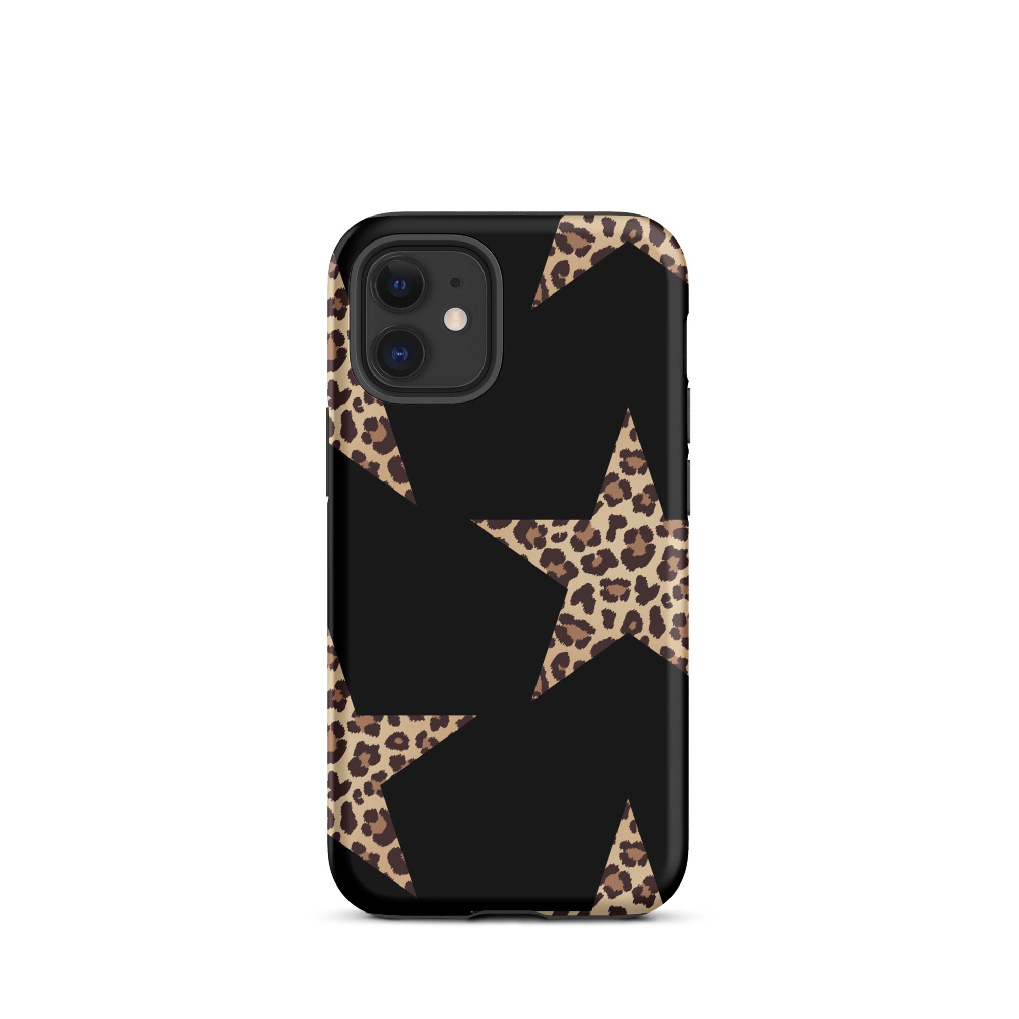 Black Cheetah Stars iPhone case with leopard-print star shapes and dual-layer protection.