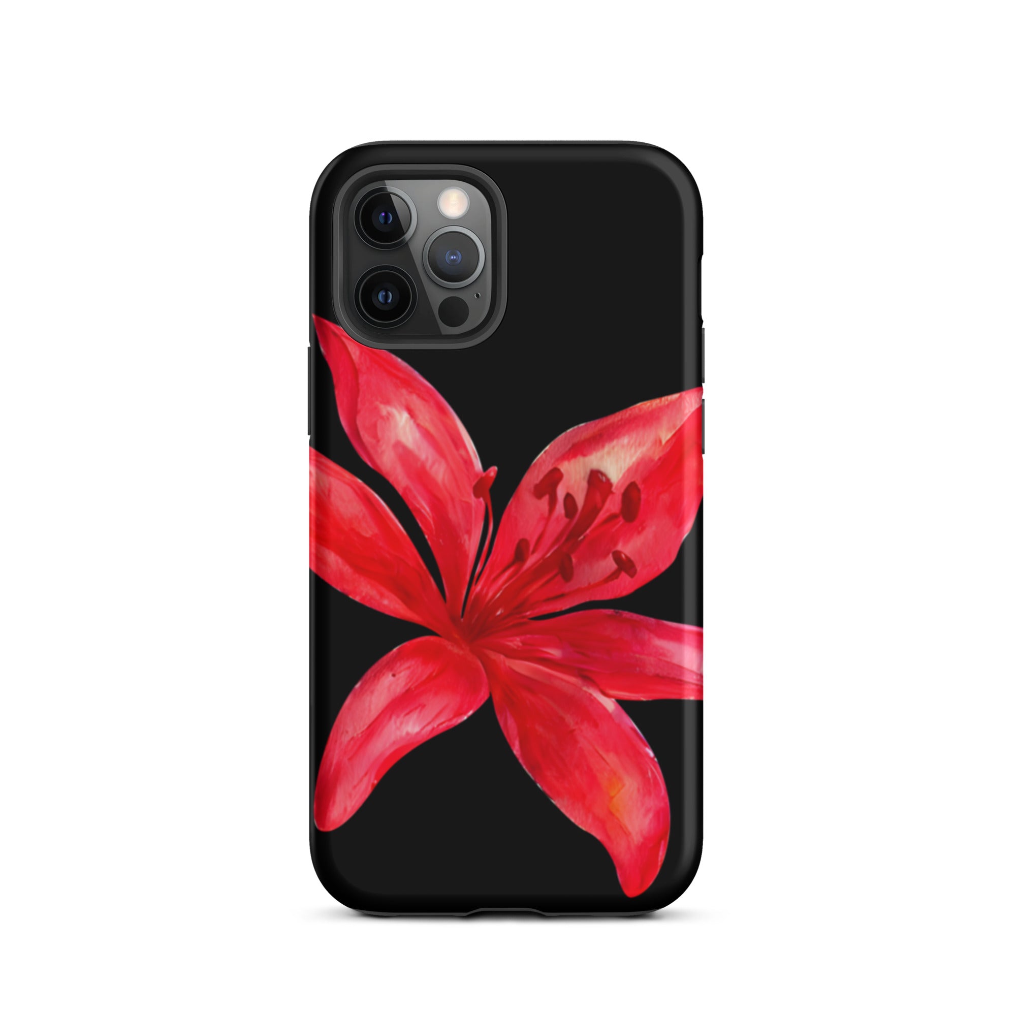 Red Tiger Lily IPhone Case - Y2K Floral Black Phone Case With Dual Layer Protection In Glossy Or Matte Finish featuring vibrant red flower design.