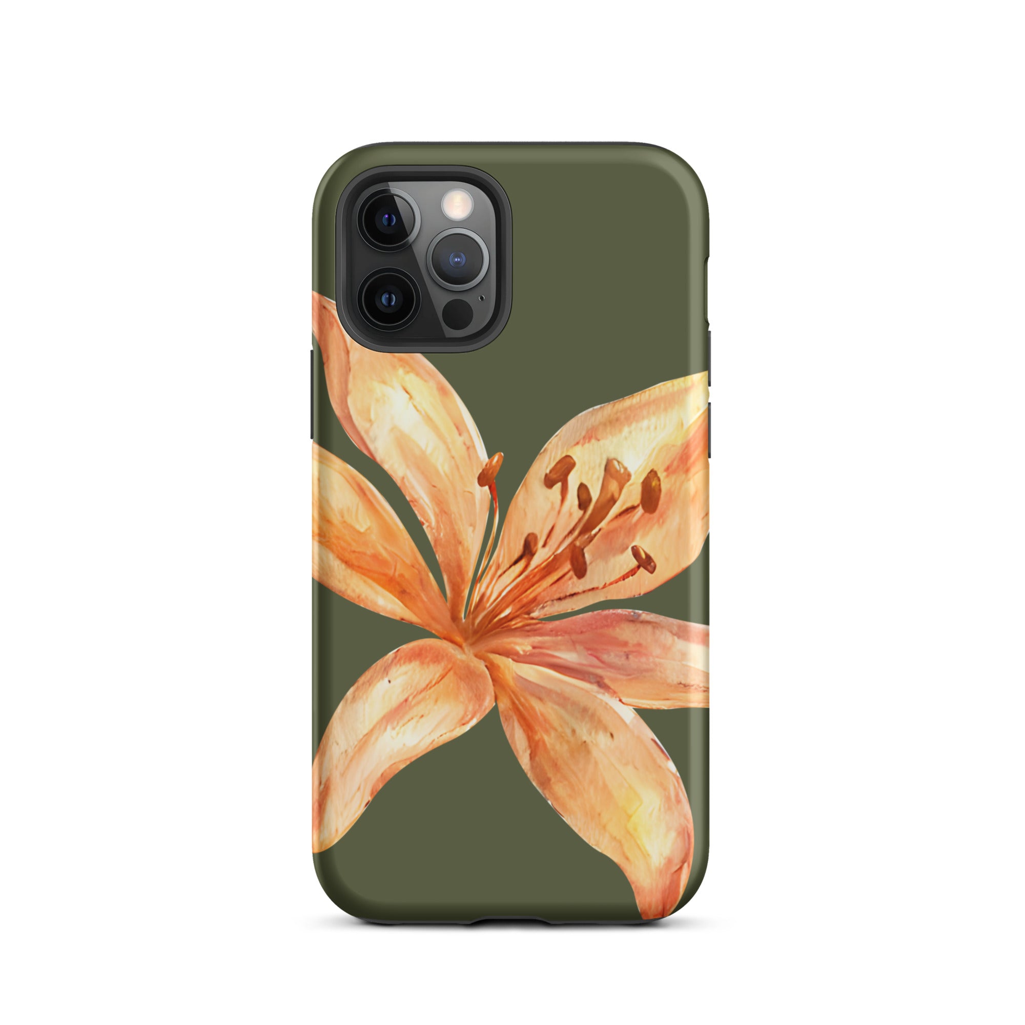 Tiger Lily IPhone Case - Botanical Art Floral y2k preppy Phone cover with orange lily on olive green background